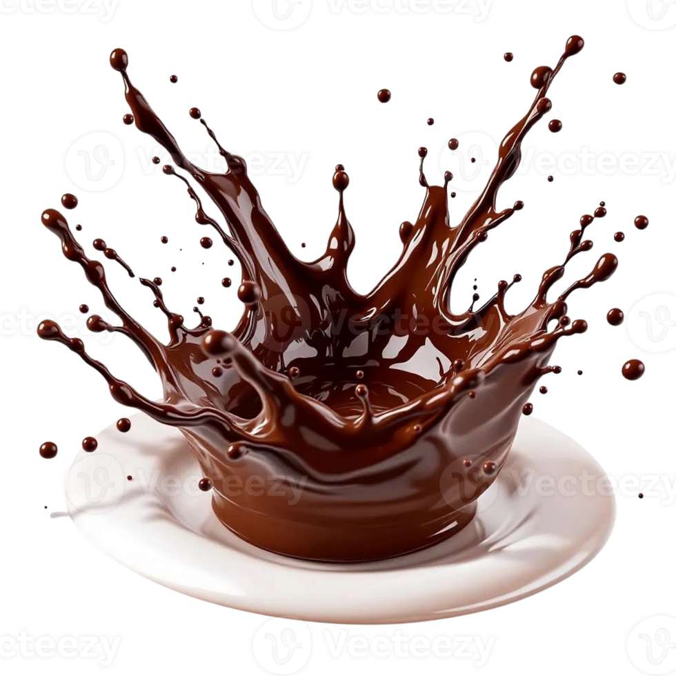 Rich chocolate splash crowned on white plate isolated on transparent background png