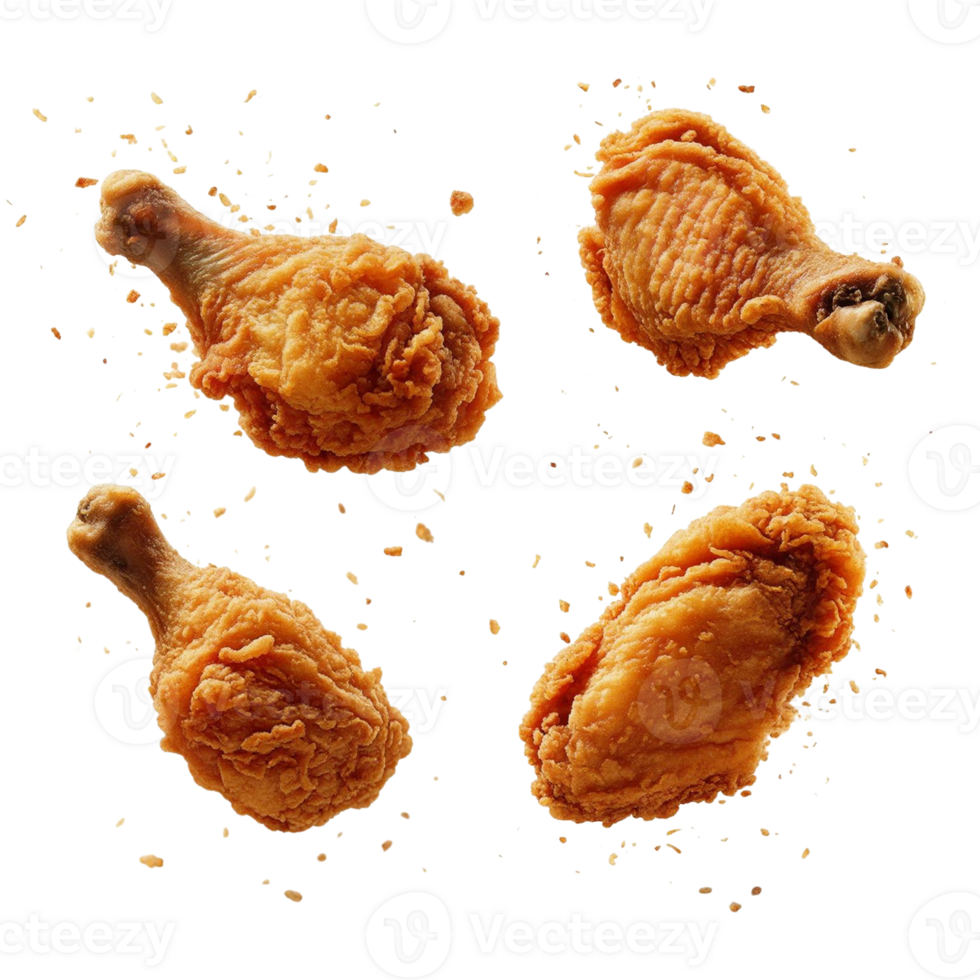 Four crispy fried chicken drumsticks floating isolated on transparent background png