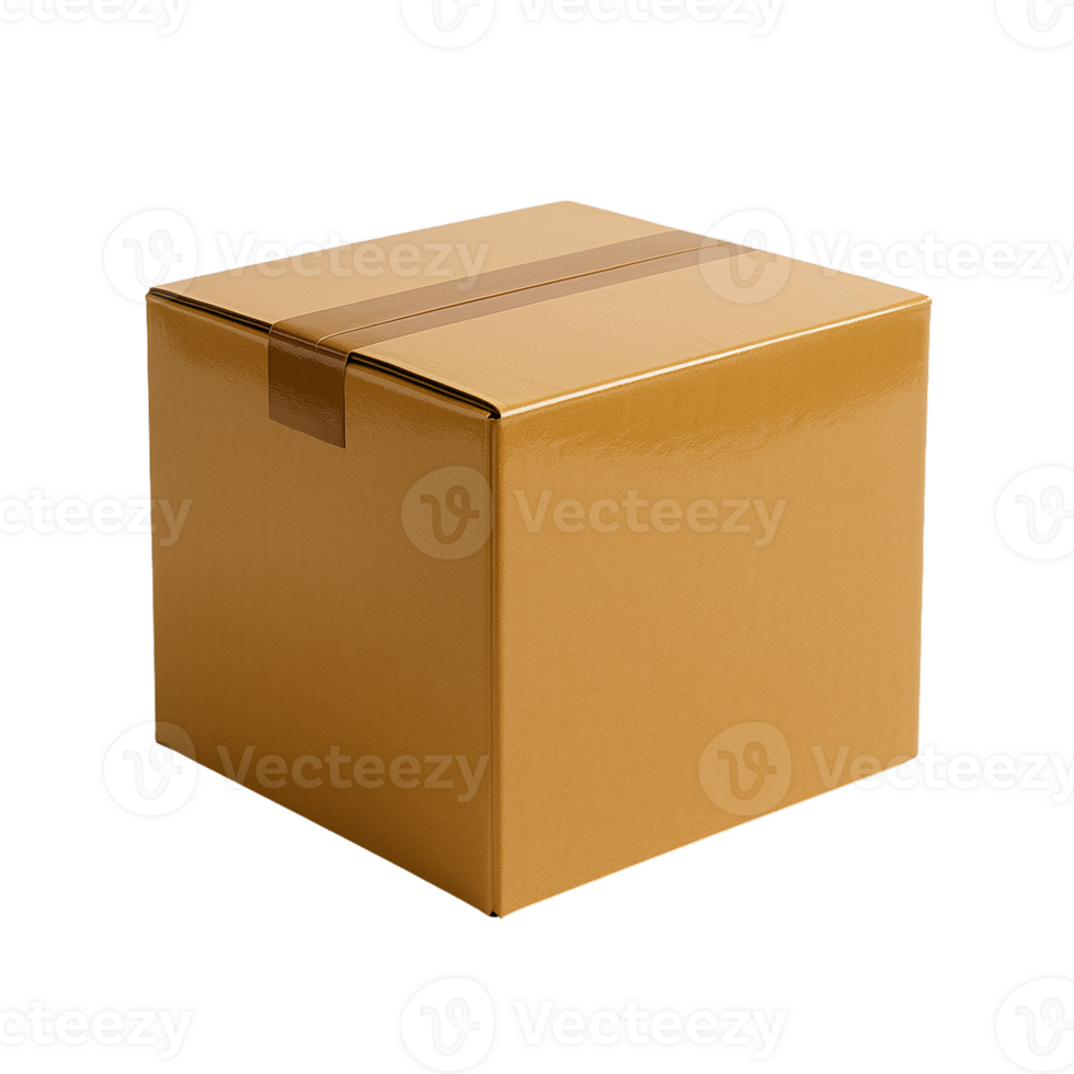 Glossy cardboard shipping box with brown tape isolated on transparent background png