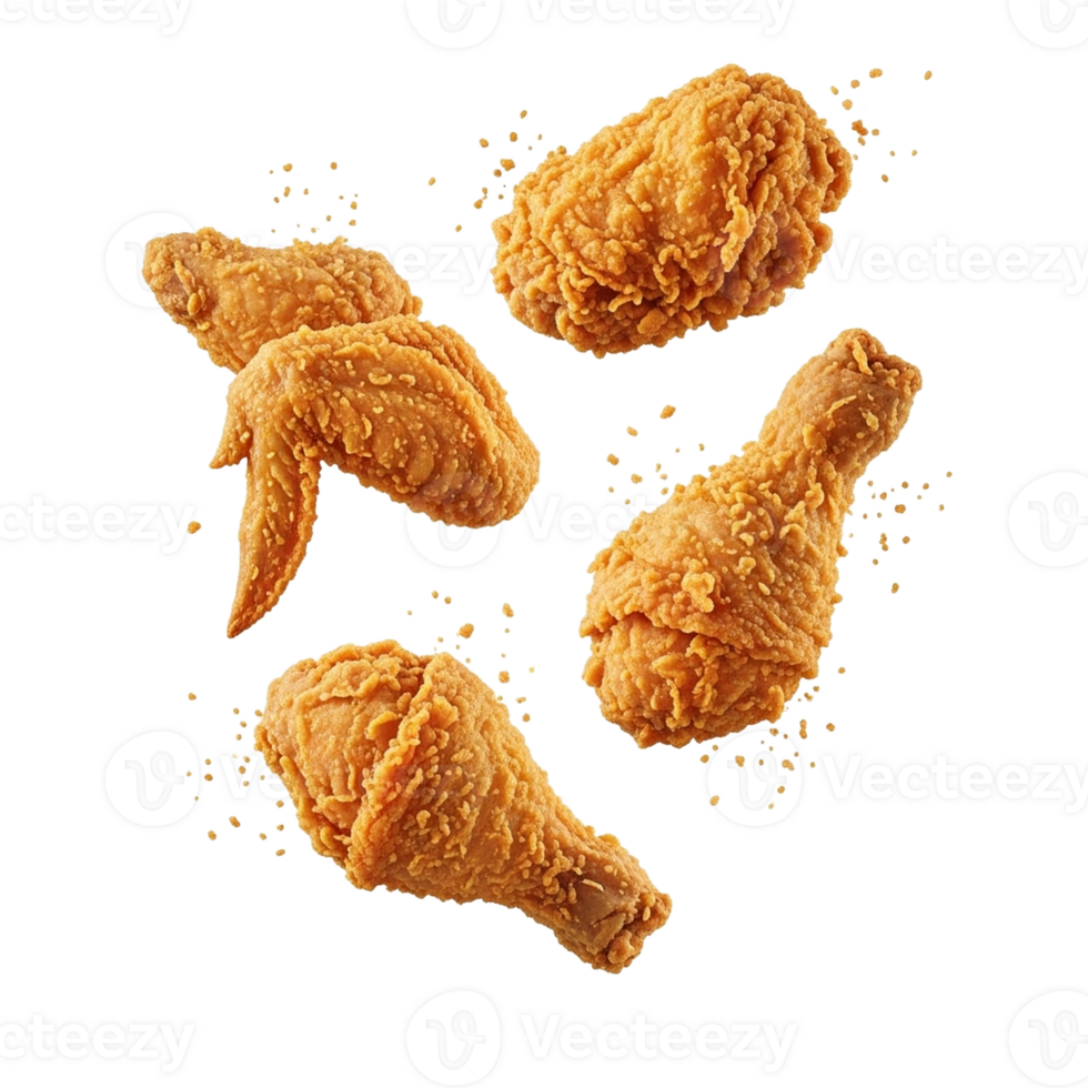 Crispy fried chicken pieces floating isolated on transparent background png