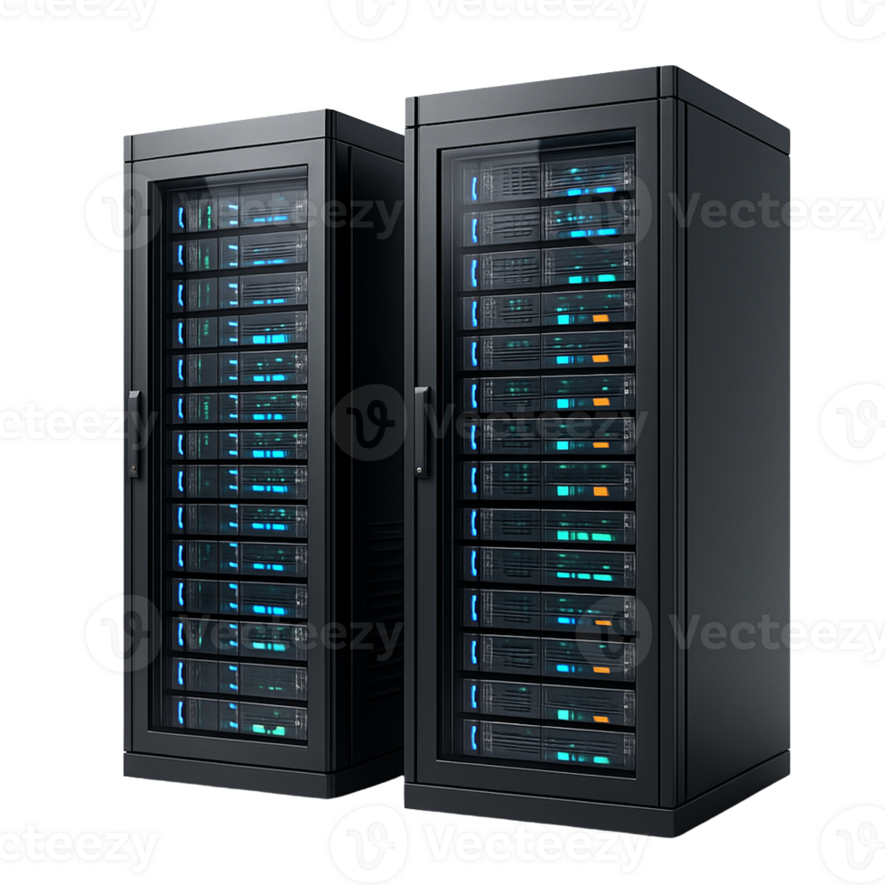 Two modern black server racks with glowing blue lights isolated on transparent background png