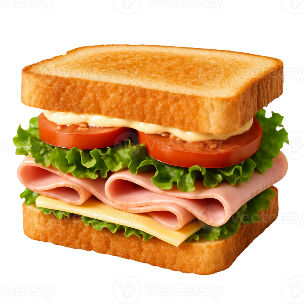 Delicious ham and cheese sandwich with fresh lettuce and tomato isolated on transparent background png