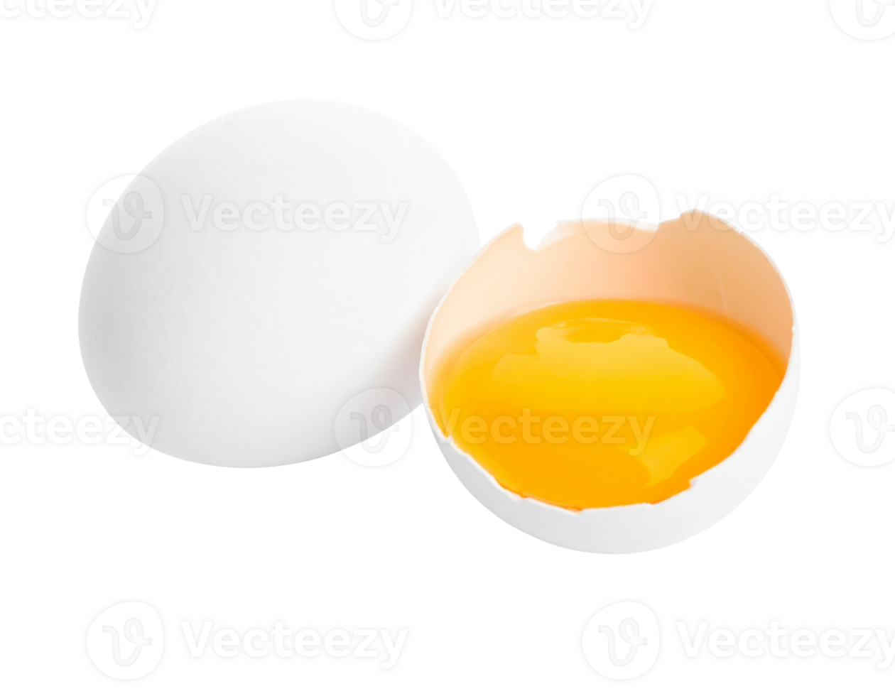 A whole white egg and a cracked egg are isolated on transparent background png