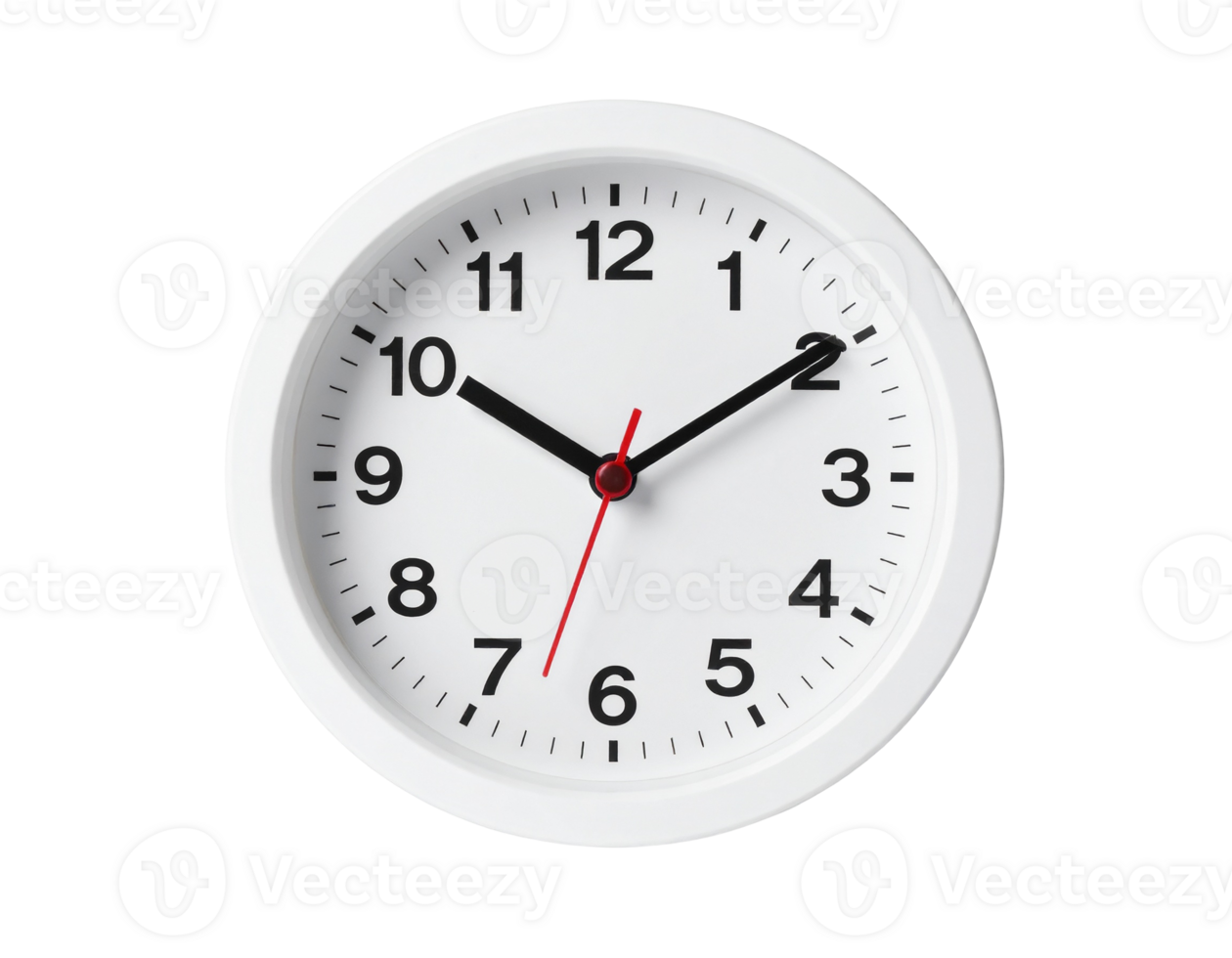 A white round clock shows ten after ten isolated on transparent background png