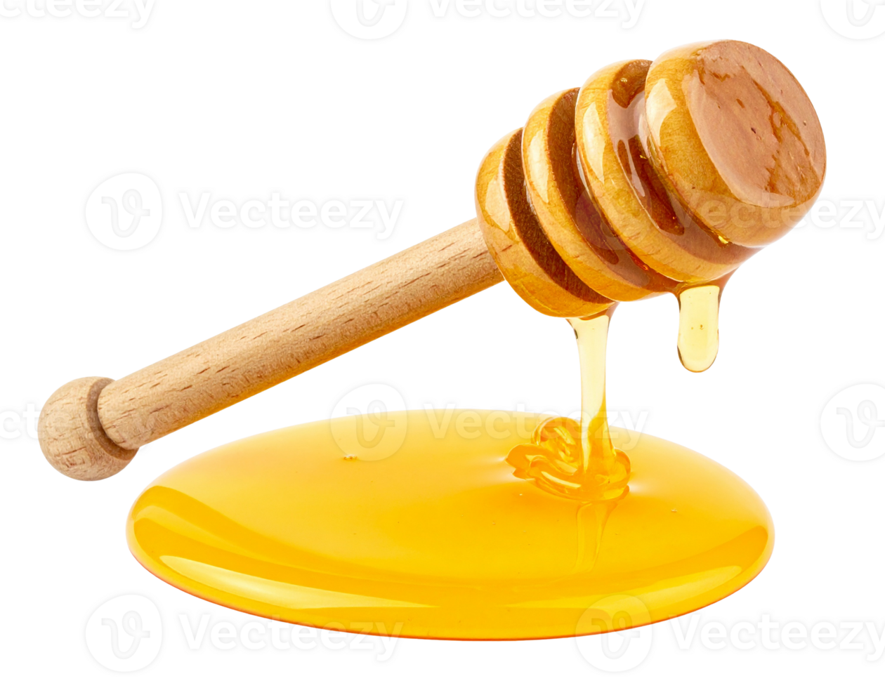 A wooden honey dipper with dripping honey isolated on transparent background png