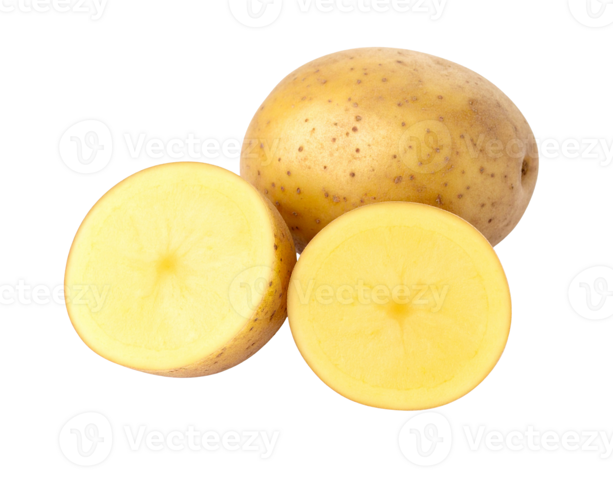 A golden potato and two potato halves isolated on transparent background png