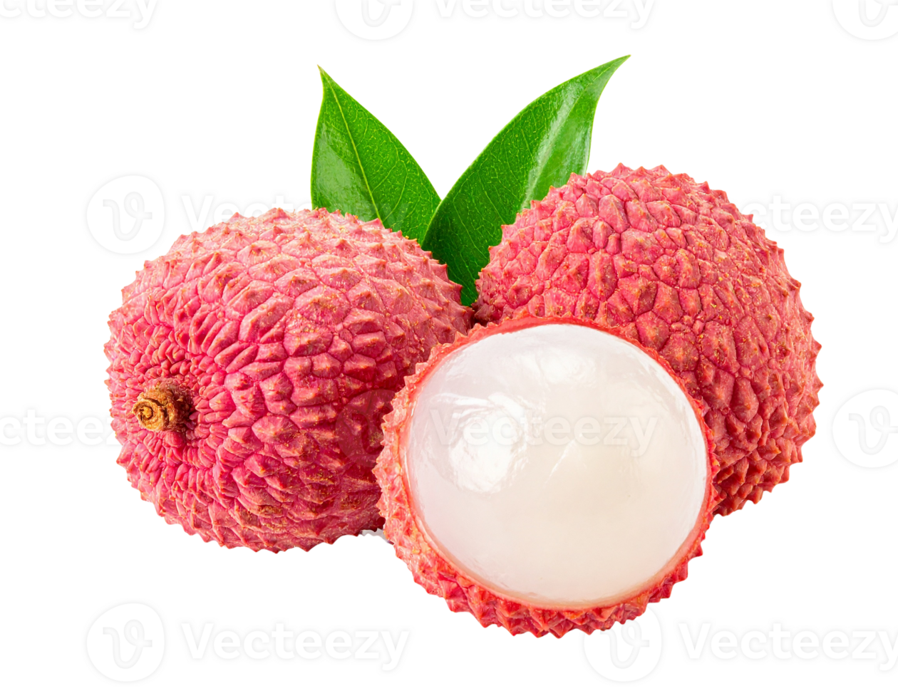 Three lychee fruits, two whole and one halved, isolated on transparent background png
