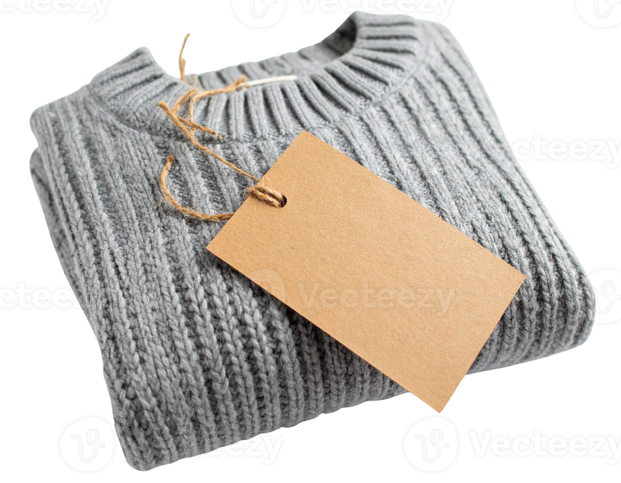 A folded gray knitted sweater with a blank tag isolated on transparent png