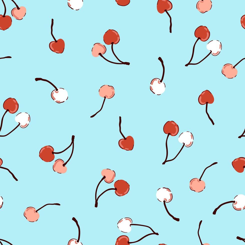 Ripe, cherry seamless fruit pattern, red berries, green leaves, flowers texture, coquette core vector