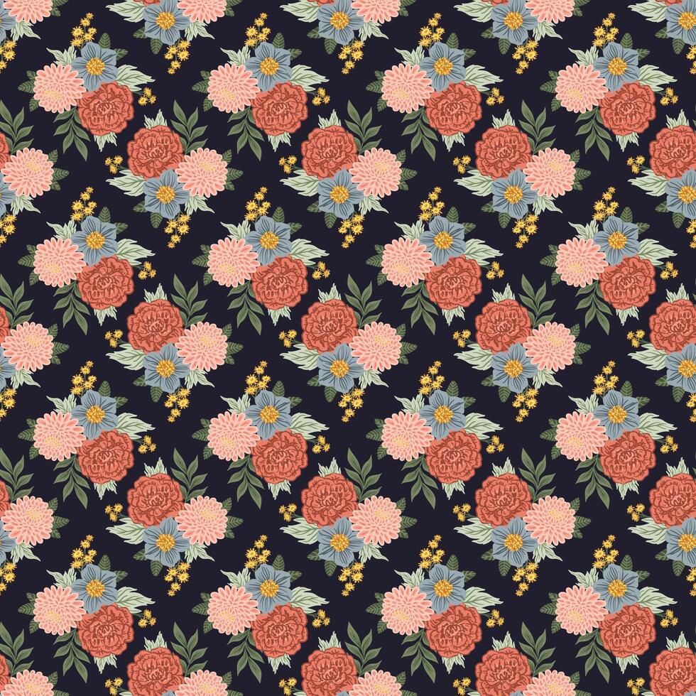 Summer, flowers, bouquets, damask Seamless Pattern. bohemian, Rose dahlia romantic texture for textile vector
