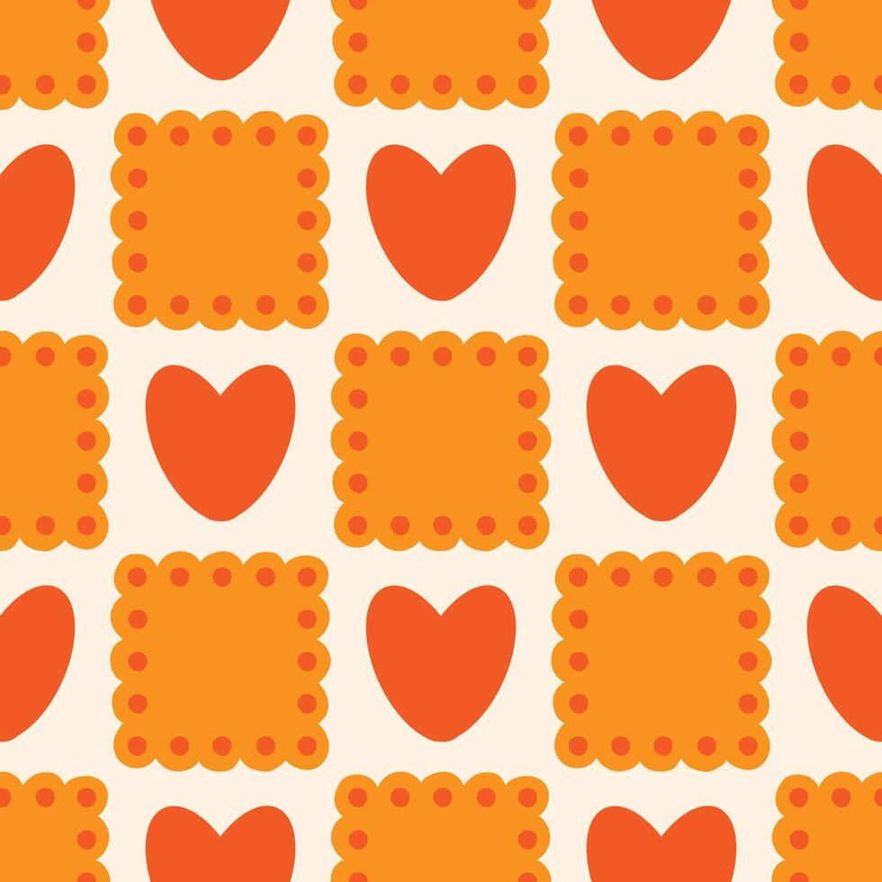 Preppy hearts cookie lace geometric seamless pattern in square. vintage texture textile baby clothe vector