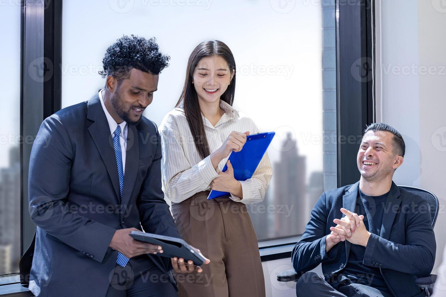 Team of diversity business people are discussing over the new strategic strategy project over investment real estate while working in modern office building for new project and planning photo