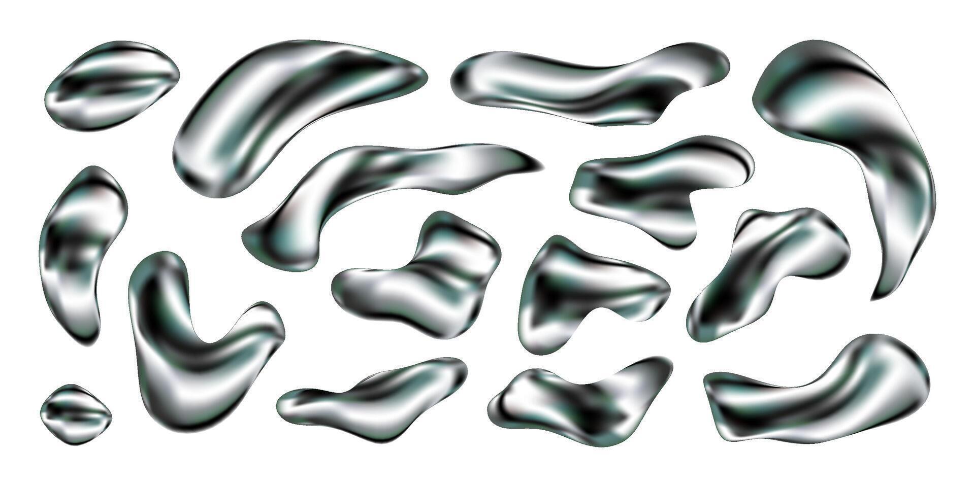 3D chrome liquid shapes set. Silver metallic blobs and fluid splashes with holographic texture and glossy finish. Abstract Y2K aesthetic with futuristic organic forms. isolated elements. vector