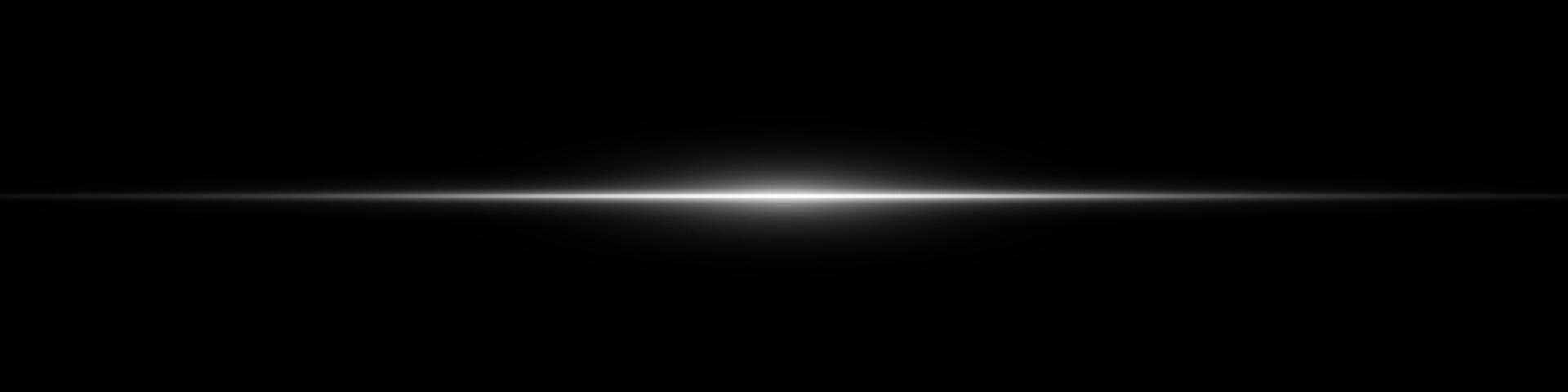 White glowing laser beam with soft flare and neon streaks on black space background. Horizontal motion effect with dynamic light trails and futuristic sparkle. Digital concert posters bg vector