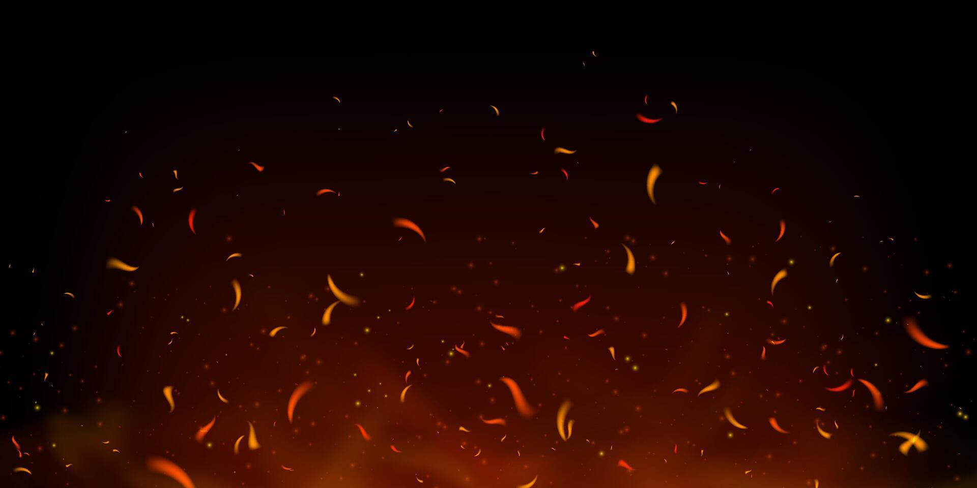 Hot embers and flying fire sparks rise in dark smoky background. Glowing particles and red flames evoke heat and power. Perfect for grill, bonfire or fireplace themes. Realistic illustration. vector