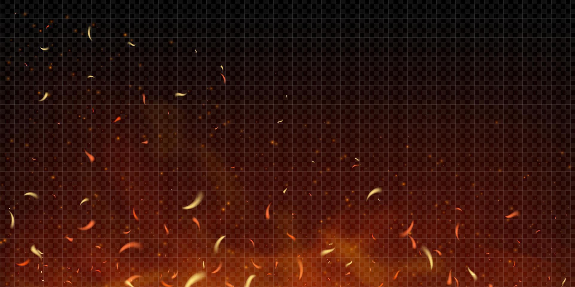 Realistic fiery background with sparks, embers and smoke rising from burning wood. Hot flames glow in orange and red. Danger, apocalypse or industrial explosion theme bg. illustration vector