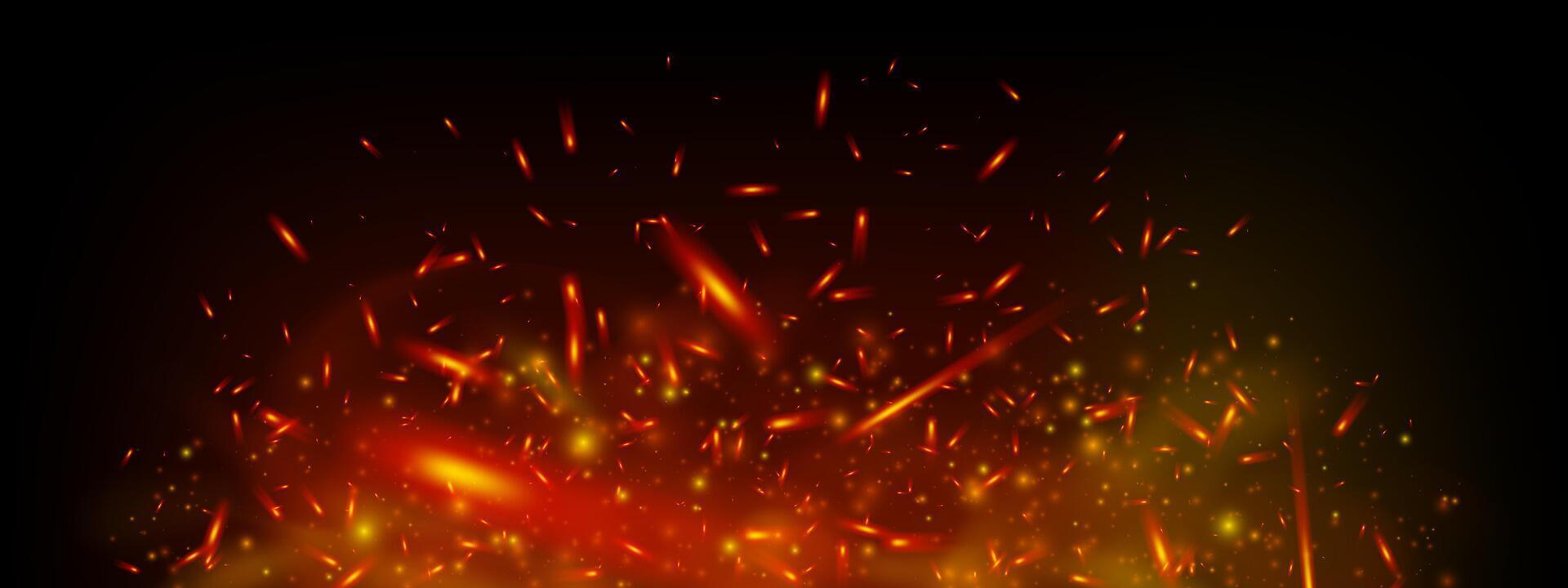 Burning embers and glowing sparks fly in dark smoky background. Fiery texture with red flames and ash creates intense heat and industrial power mood. Realistic illustration for fire themes. vector