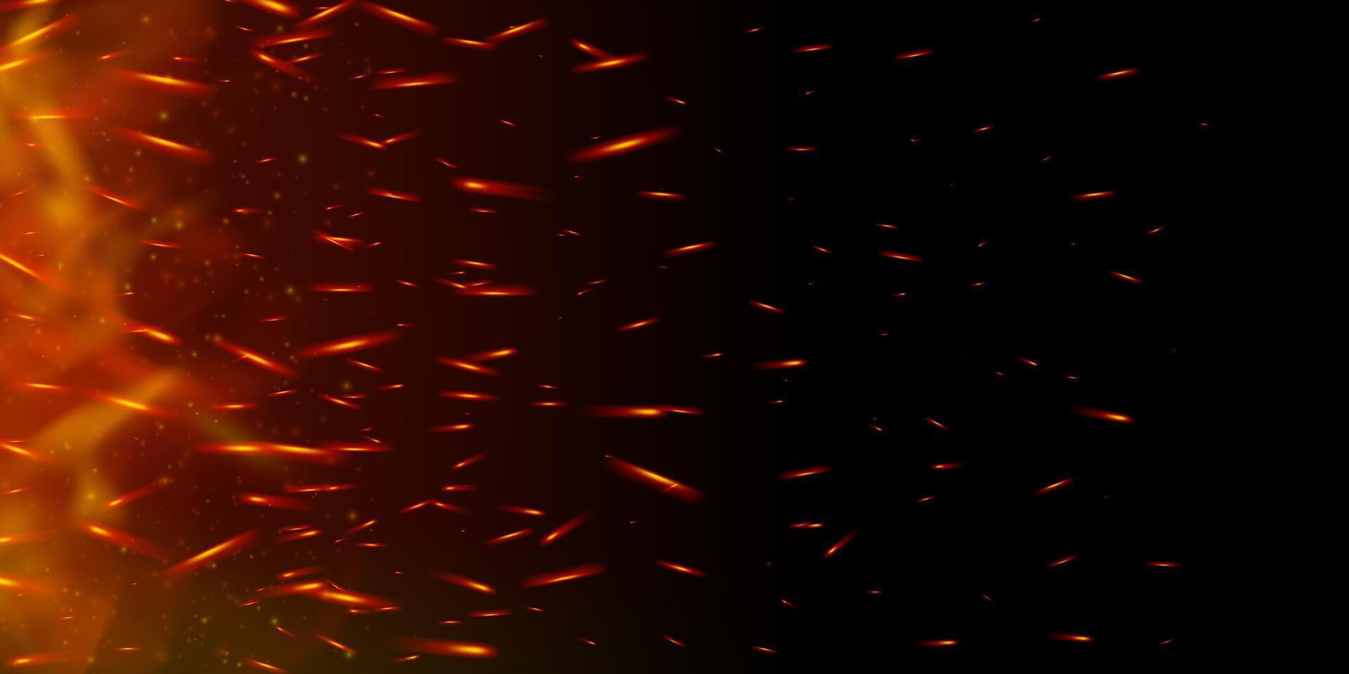 Glowing fire sparks and embers rise in dark smoky background. Hot flame, flare and burning particles evoke intense heat. Perfect for grill, fireplace or explosion themes. Realistic overlay. vector