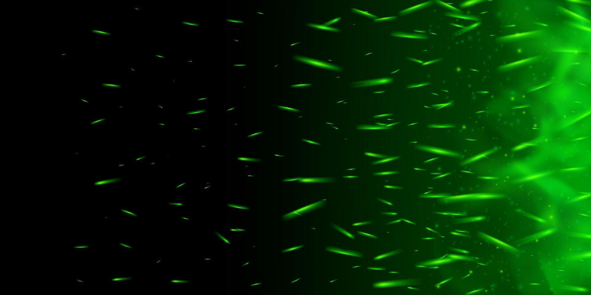Glowing green flame with dynamic sparks and magical particles. Dark smoky background with neon shine, fairy dust and toxic mist. Abstract fantasy fire with hot embers and night glow. vector