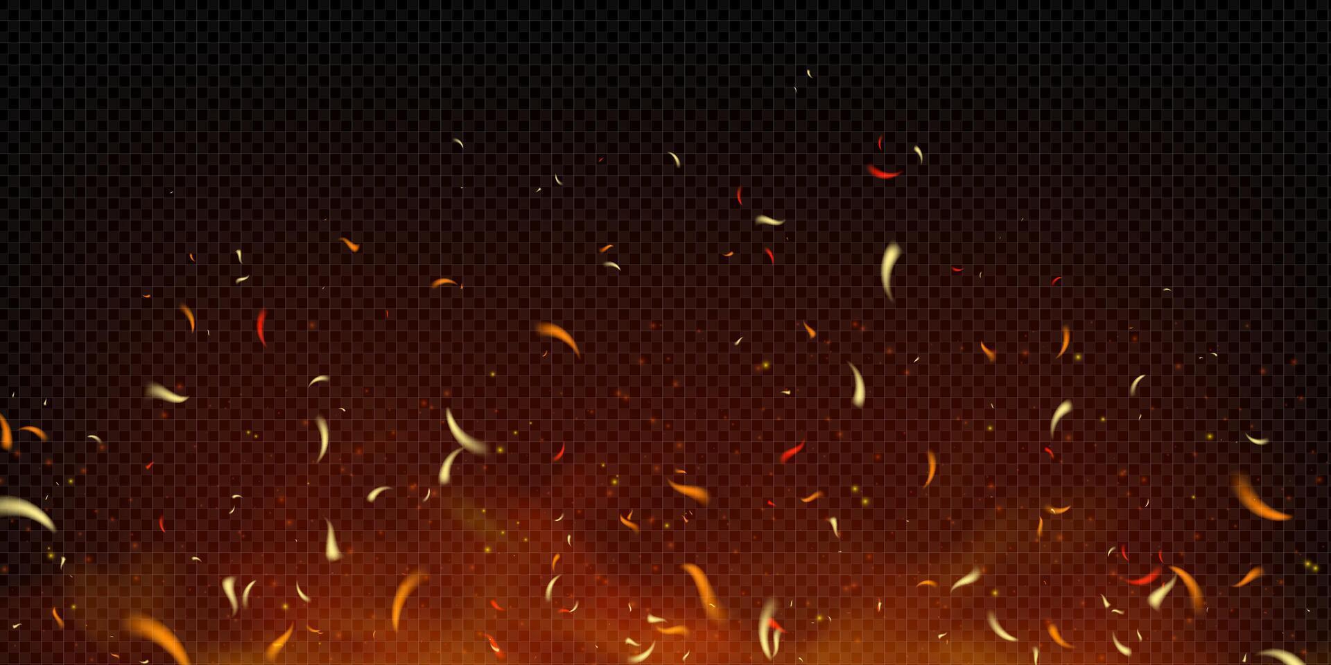 Realistic burning background with flames, sparks and embers flying in smoke. Hot glow in red, orange and black evokes fireplace, bonfire or apocalypse scenes. Heat or firepower themes bg. vector