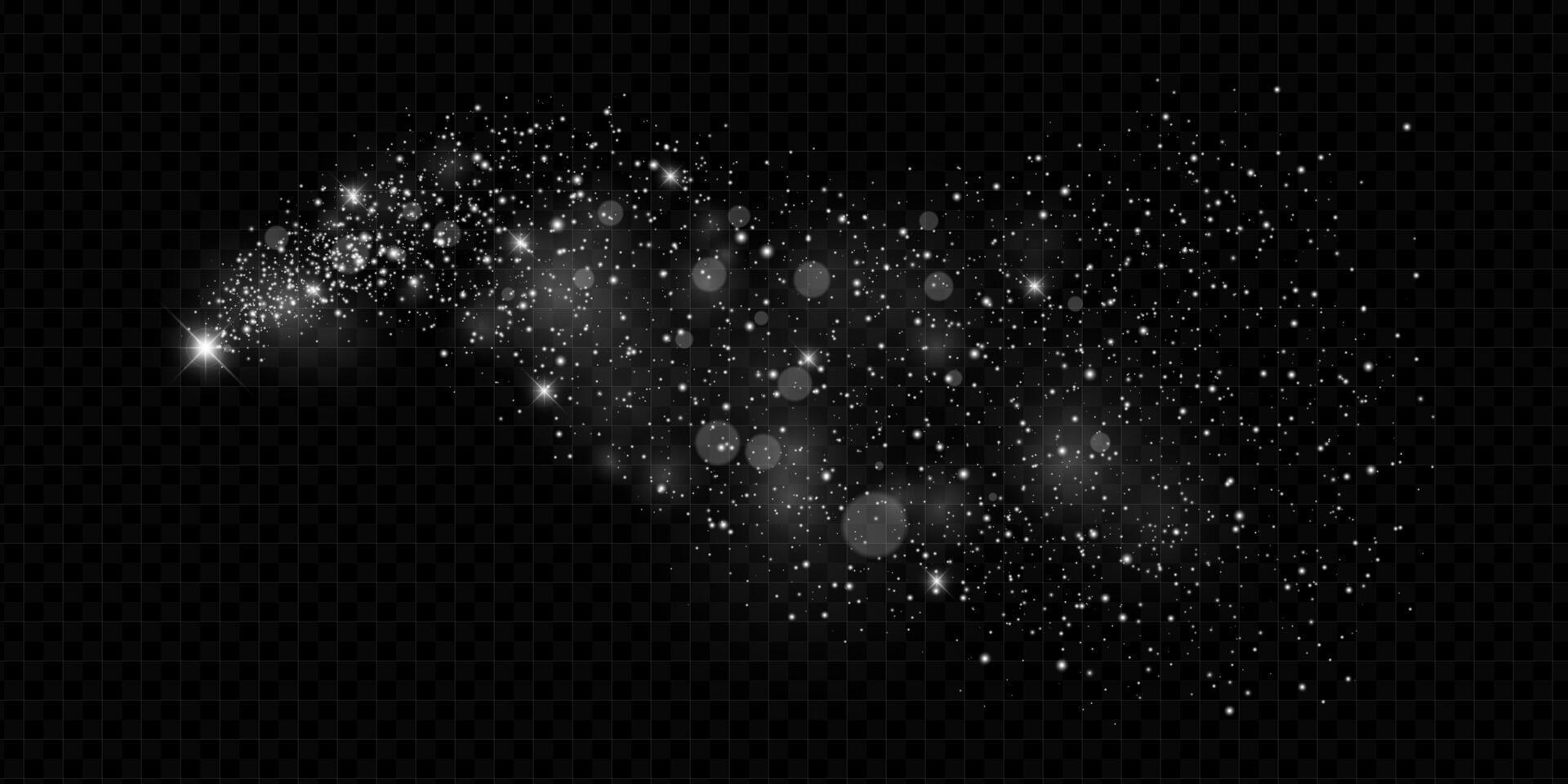Silver glitter trail with twinkling stars and stardust particles on dark background. Magical shimmer evokes holiday sparkle and fairy charm. New Year or Christmas themes illustration. vector