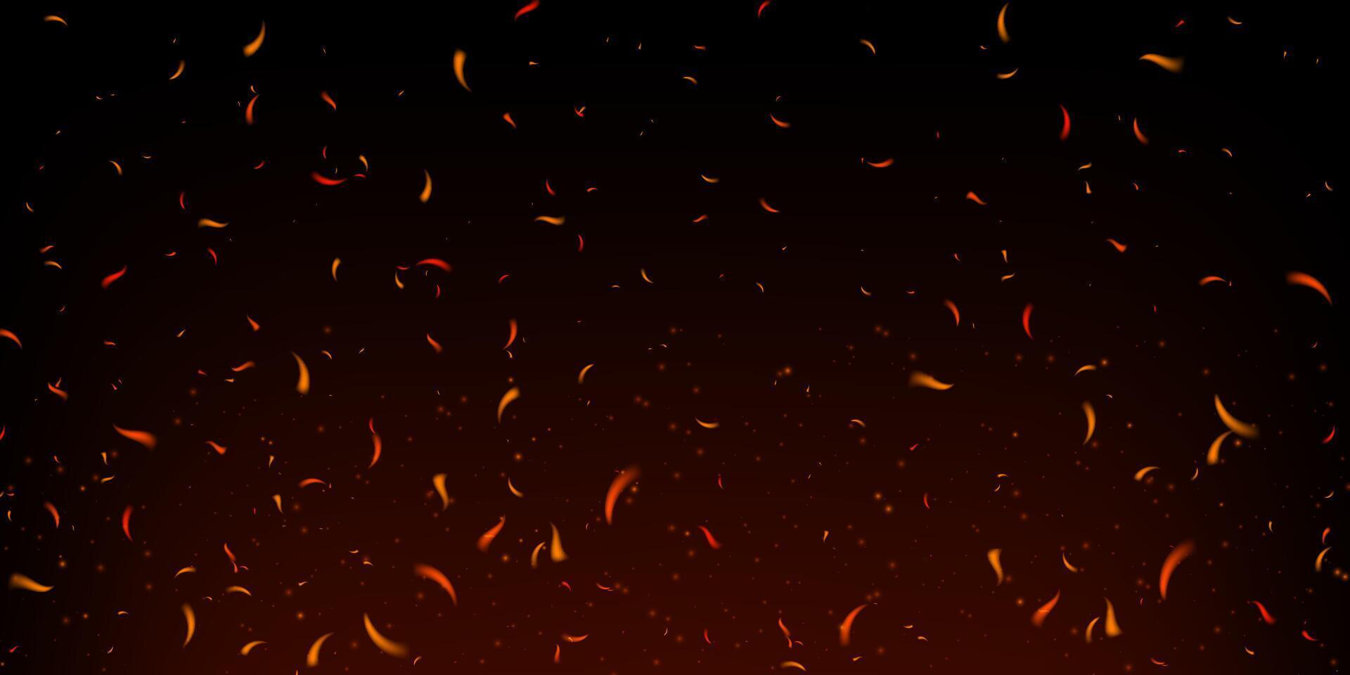 Glowing fire sparks and flying embers on dark smoky background. Fiery particles and red flame texture evoke heat, danger and explosion. Perfect for bonfire, grill or power themes. Realistic art vector