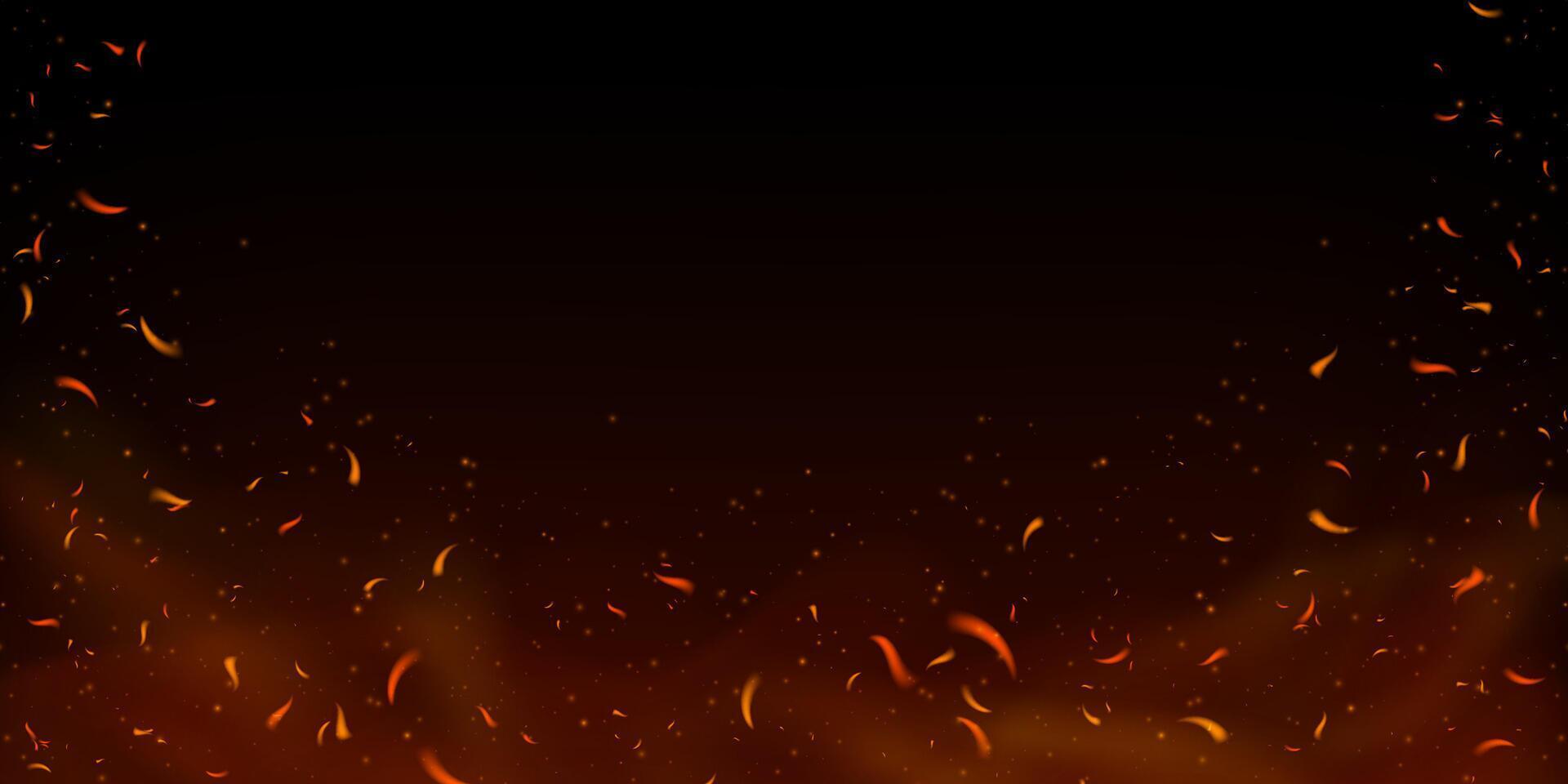 Fiery sparks and embers flying upward on dark background. Glowing flame effect with smoke, ash and burning particles. Perfect for fireplace, grill or industrial fire concepts. Realistic overlay vector