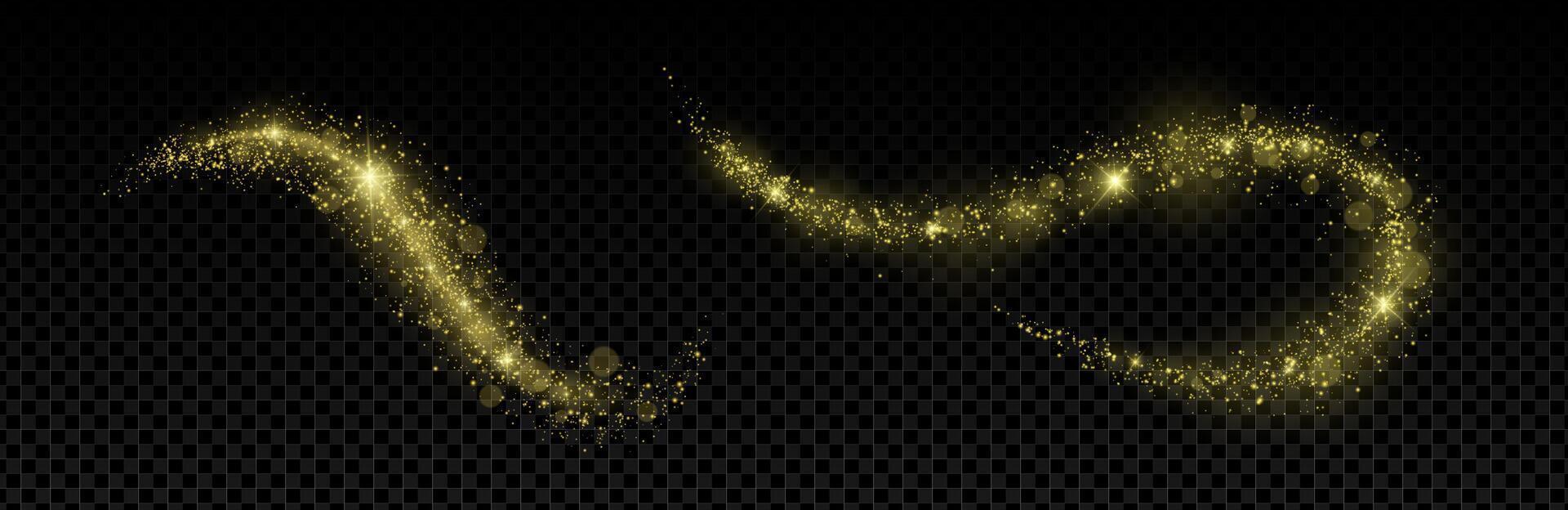 Golden glitter dust set with stars, sparkles and glowing light trails. Swirling wave effect with shimmer, flare and bokeh. Festive abstract background for xmas, night sky or fantasy themes. EPS vector