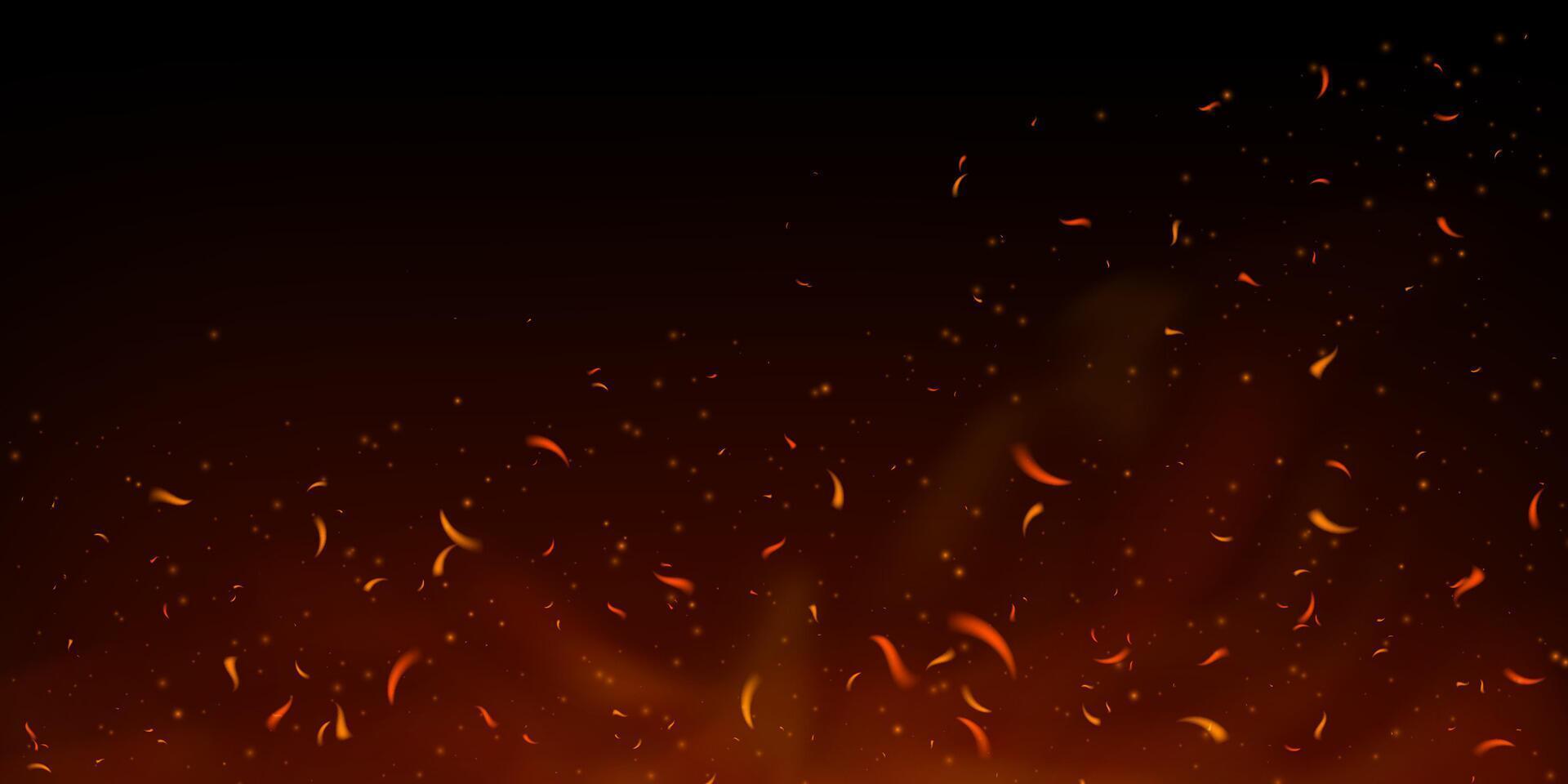 Glowing fire sparks and embers rise from burning wood on dark background. Fiery particles and smoke create hot dynamic atmosphere. Perfect for grill, bonfire or fireplace themes. Realistic effect. Eps vector