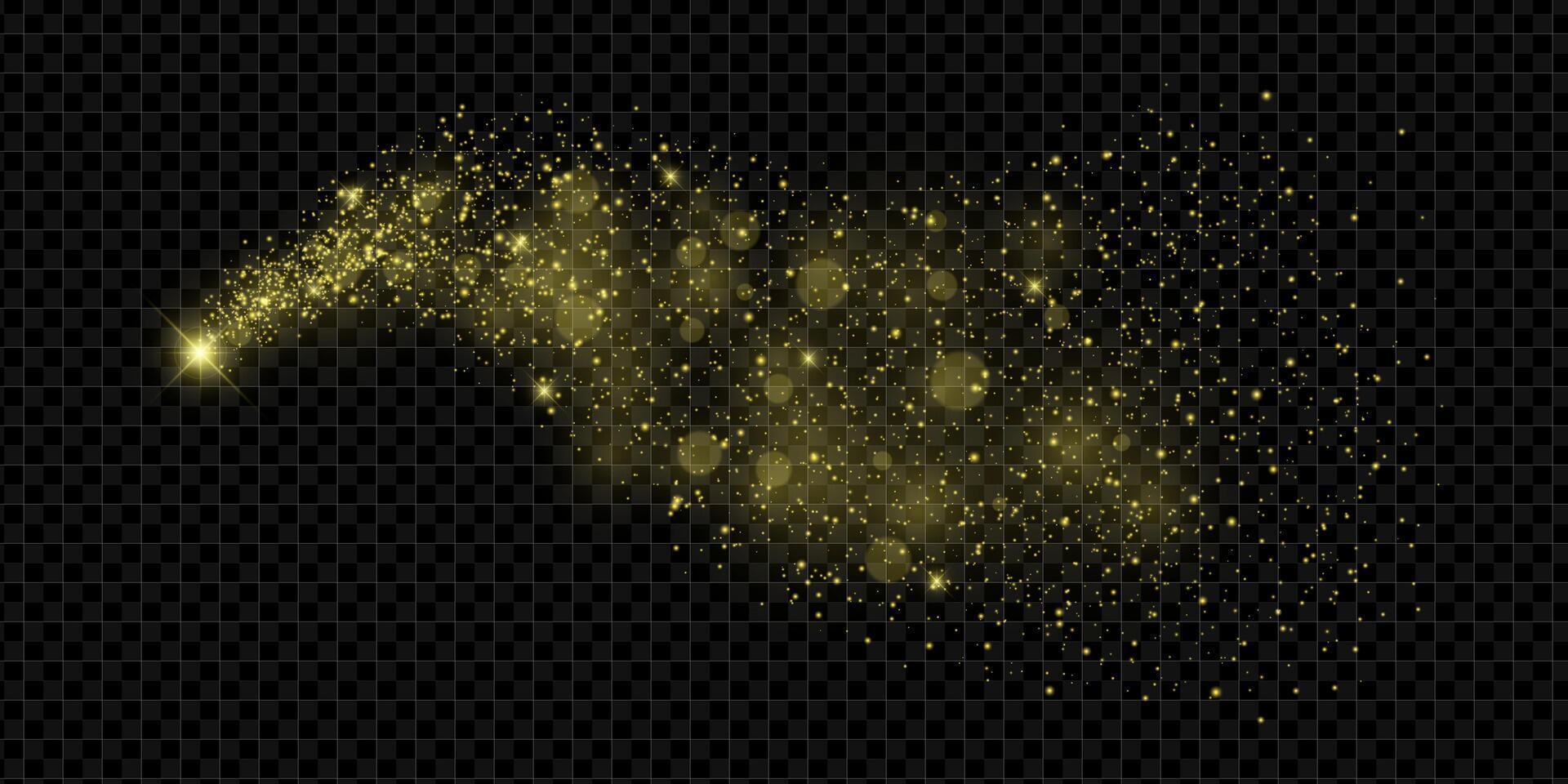 Golden glitter dust trail with glowing particles, sparkles and starry swirl. Bright festive wave on dark background. Perfect for Christmas, New Year or fantasy celebration themes. illustration. vector