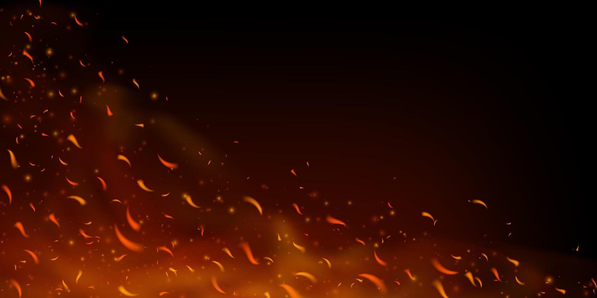 Flying sparks and glowing embers over dark smoky background. Fiery flare with burning wood and hot particles. Realistic texture. Perfect for grill, bonfire or fire themed illustrations. vector