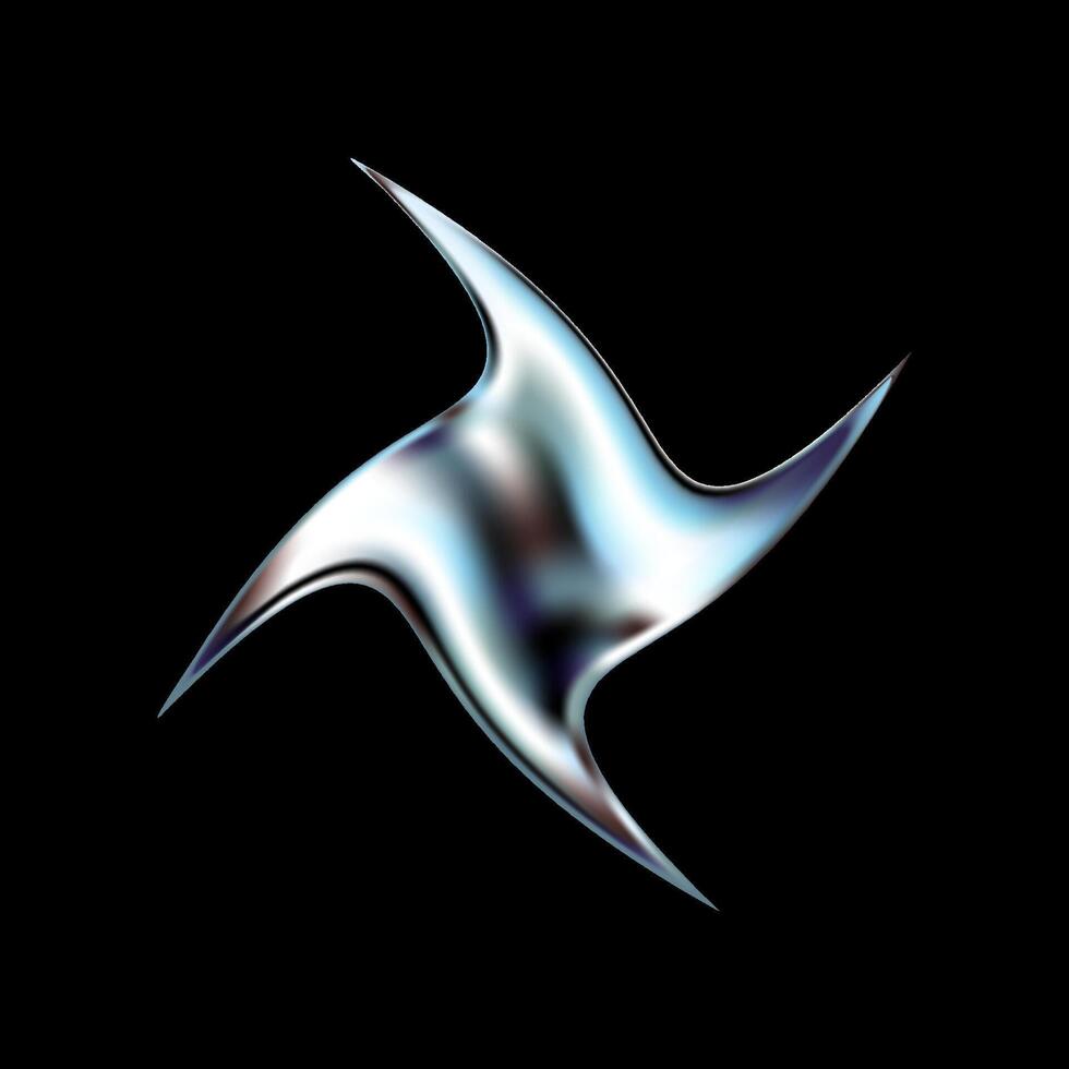 3D chrome star with twisted metallic shape and holographic surface. Shiny Y2K style object sparkles with cosmic glitter and retro twinkle. Isolated abstract design on black background. vector