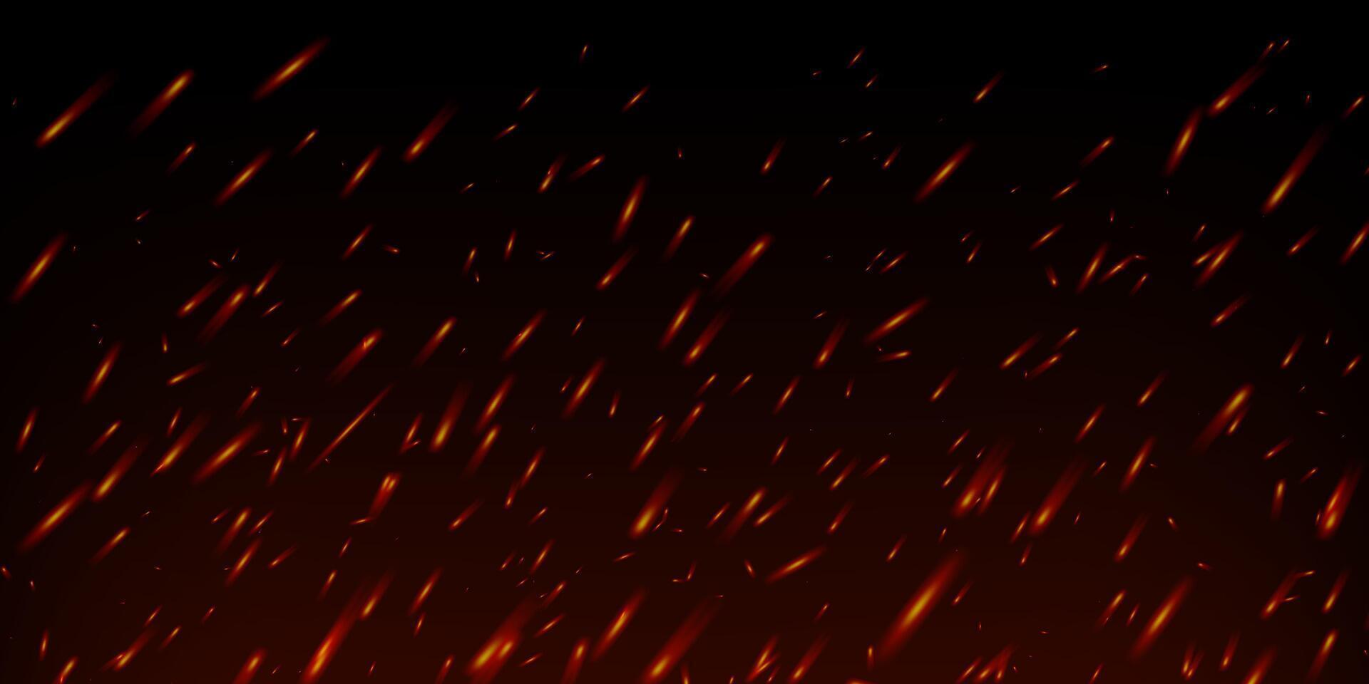 Burning embers and fiery sparks rise against dark smoky background. Hot flame effect with glowing particles and heat glow. Realistic overlay. Ideal for bonfire, grill or industrial fire scenes. vector