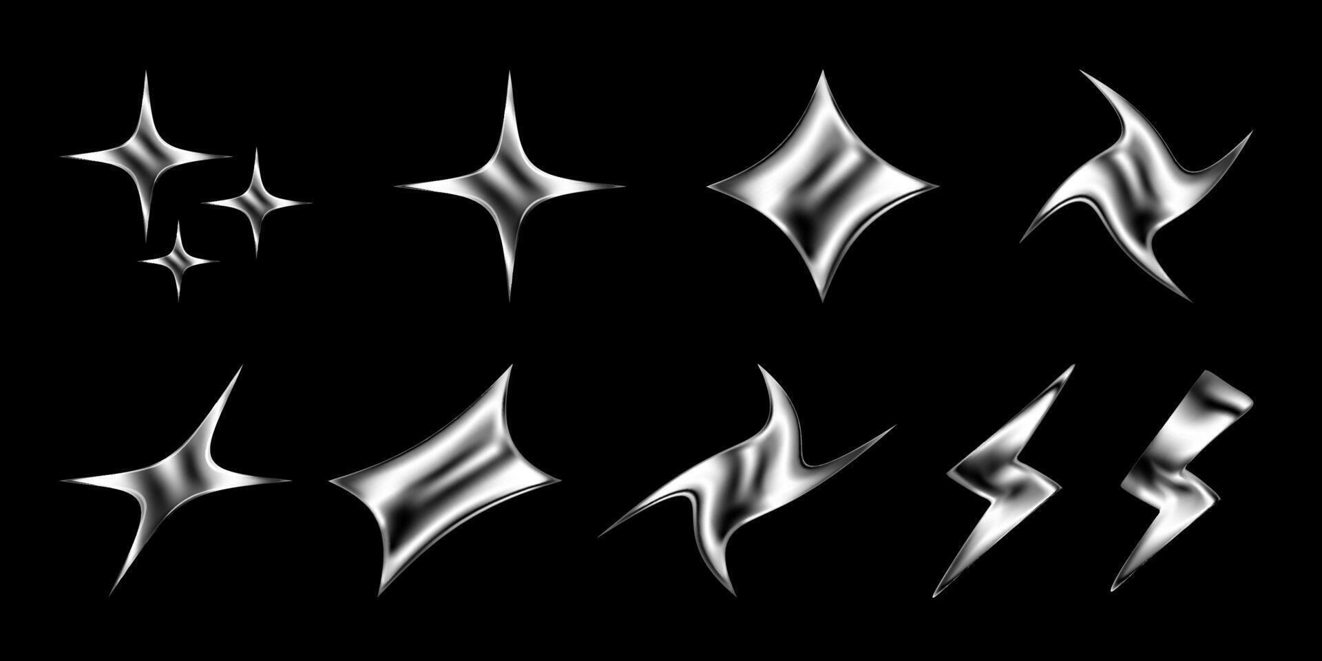 3D chrome star sticker set with lightning flash and holographic shine. Sleek Y2K aesthetic features dynamic geometric forms, glitter bursts, and cosmic sparkle. Isolated on dark background. vector