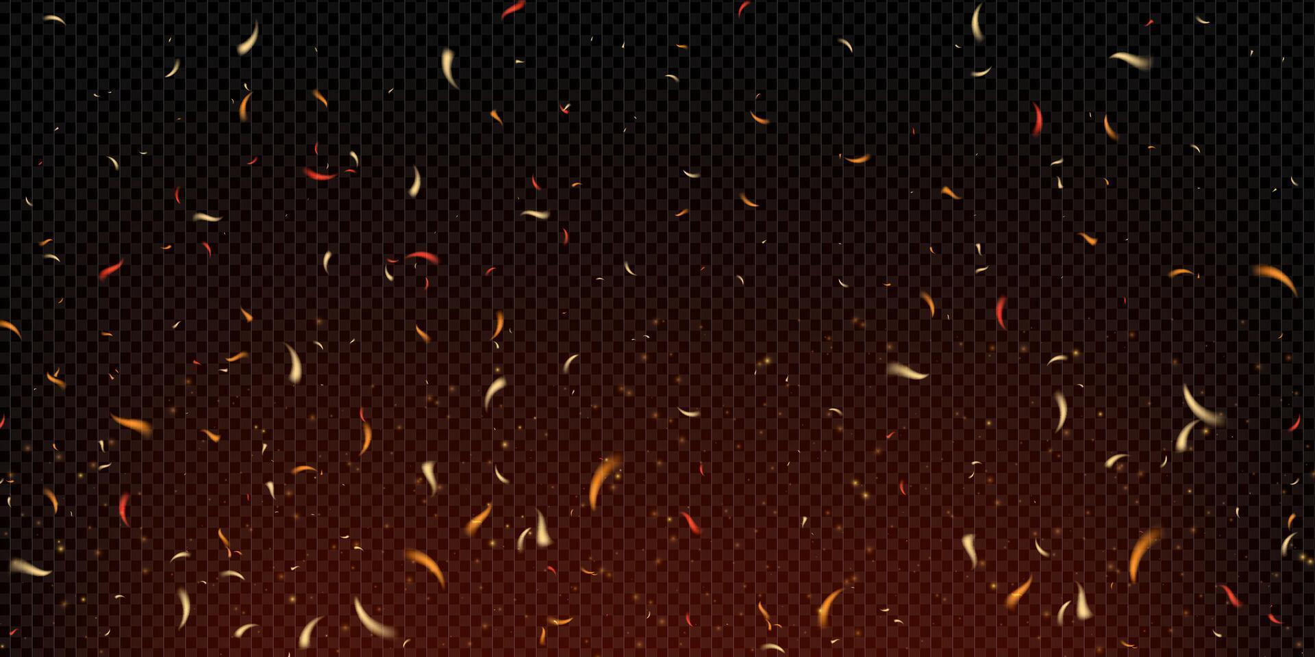 Realistic fiery background with glowing flames embers and flying sparks. Dark burnt texture with smoke and heat effects. Industrial style bonfire and coal elements. Dramatic illustration. vector