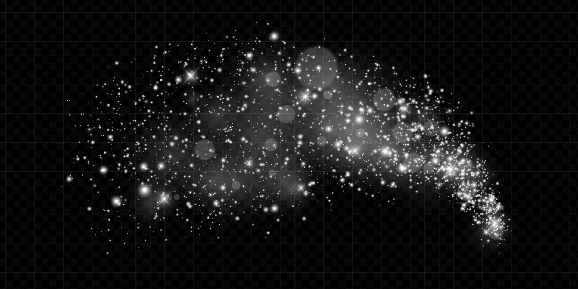 Silver glitter dust trail with sparkling stars and shimmering particles on dark background. Magical and festive atmosphere. Perfect for holiday, Christmas or New Year themes. illustration. vector