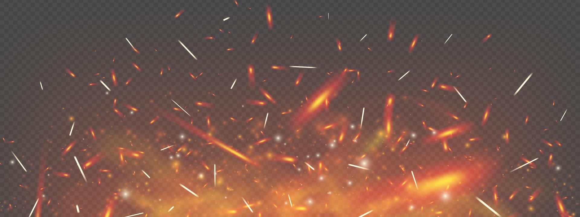 Realistic fire background with glowing embers, sparks and rising smoke. Fiery texture in red, orange and black creates intense heat and danger effect. Industrial power or night scenes backdrop. vector