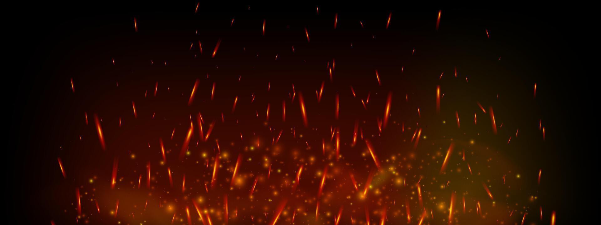 Fiery sparks and glowing embers rise from hot flame on dark background. Burning particles, smoke and flare create intense heat effect. Realistic for danger, grill or industrial fire themes vector
