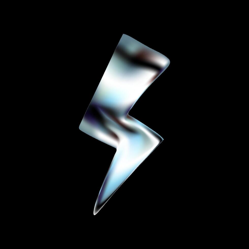 Chrome 3D thunderbolt lightning icon in Y2K style. Metallic silver arrow with electric flash and shock effect. Glossy holographic render with futuristic energy. design on dark background. vector
