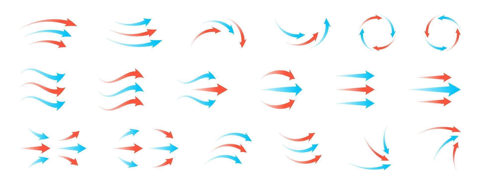 Airflow and ventilation symbol set with red and blue arrows, hot and cold wind streams, fan rotation and filtration icons. Clean transparent illustration for HVAC, purifier or climate systems. vector
