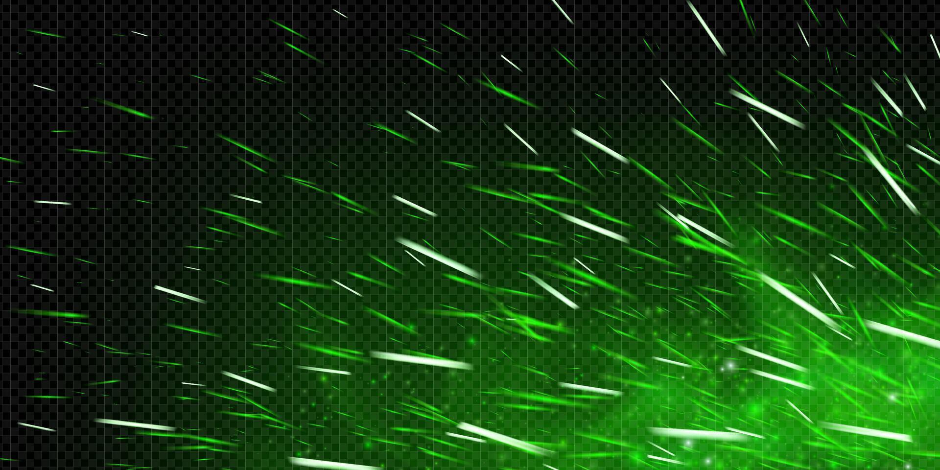 Green fire spark dynamic effect with glowing embers, fog and toxic mist. Abstract fantasy flame with light, smoke and particles on dark background. Magic texture with motion, heat and sparkle. vector