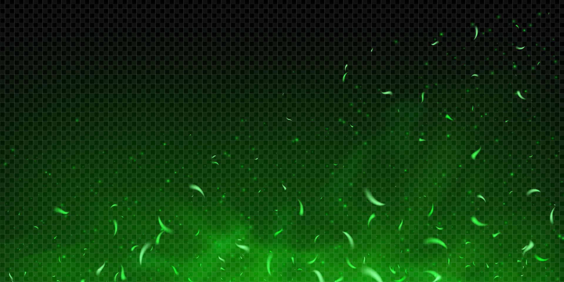 Green fire sparks with glowing embers and toxic poison mist. Magic flame effect on dark background with fog, particles, smoke and neon shine. Abstract fantasy with dust, heat and energy motion. vector