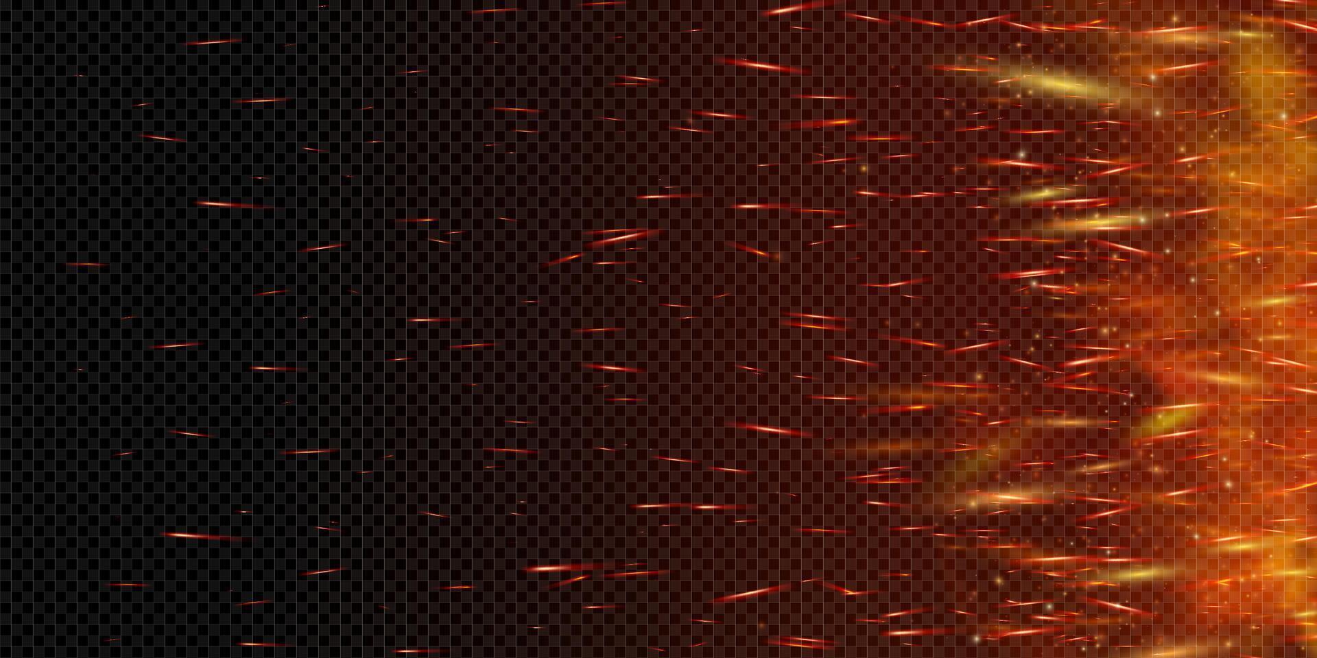 Realistic fiery background with glowing flames, embers and flying sparks. Dark burnt texture with smoke, ash and metal elements. Dramatic posters or hot themed illustrations background. vector