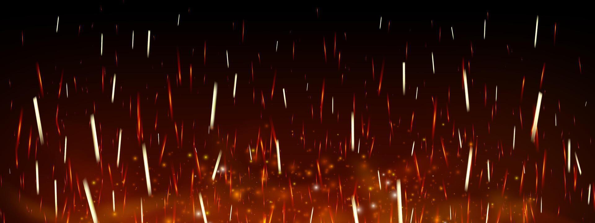 Realistic fire sparks and glowing embers on dark background with smoke and flame texture. Hot orange light and burning particles create magical heat effect. Fireplace, grill or power theme vector
