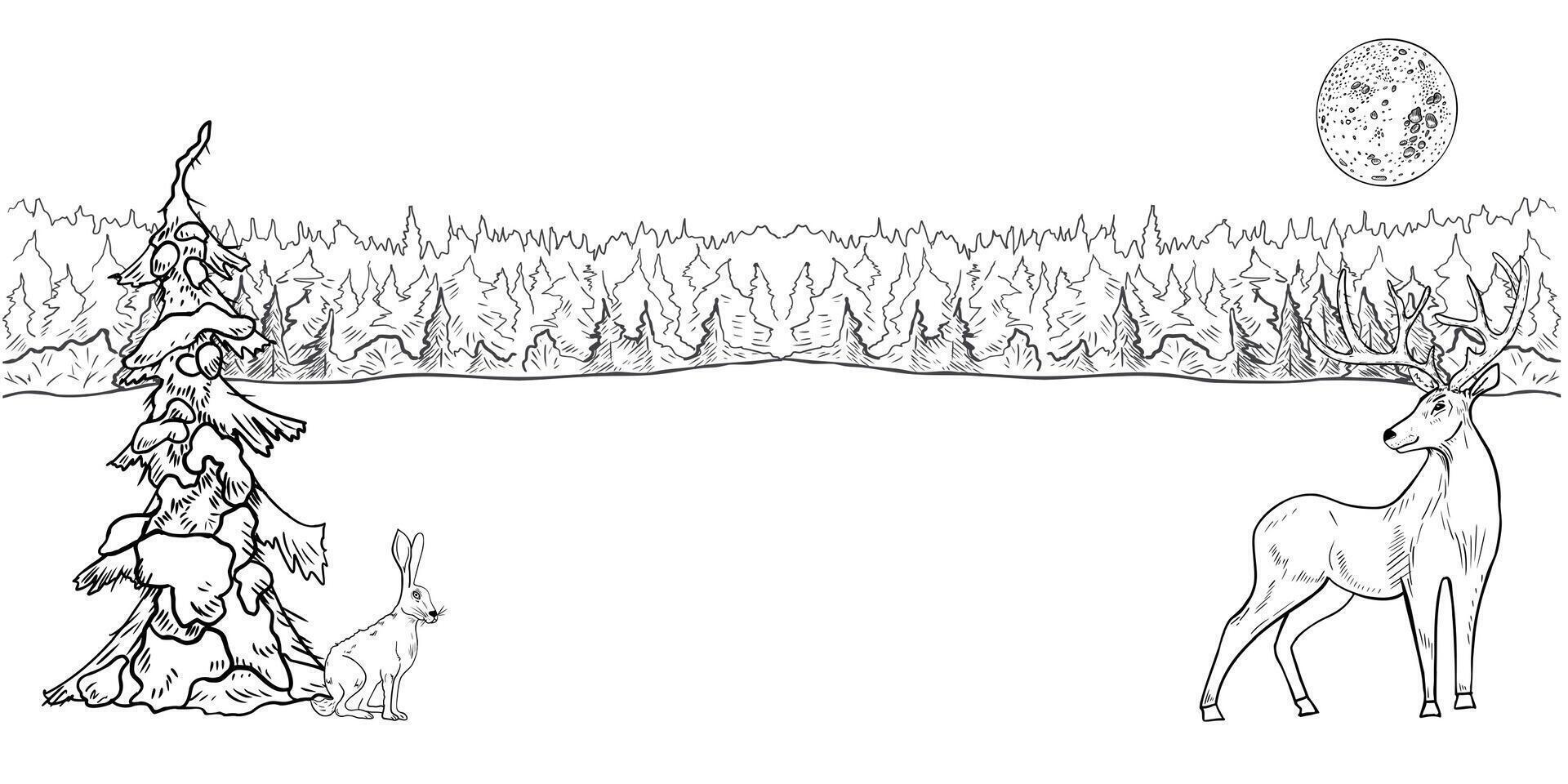 Winter forest border with snowy pine trees, moon and woodland animals hand drawn black white contour . Landscape scene with reindeer and hare painted monochrome sketch for Christmas cards. vector