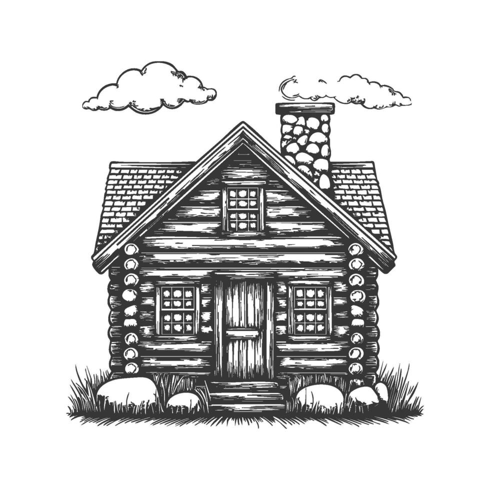Rustic Log Cabin With Chimney And Clouds Black And White Silhouette Illustration. Cozy Countryside Living And Nature Retreat. Isolated Illustration vector