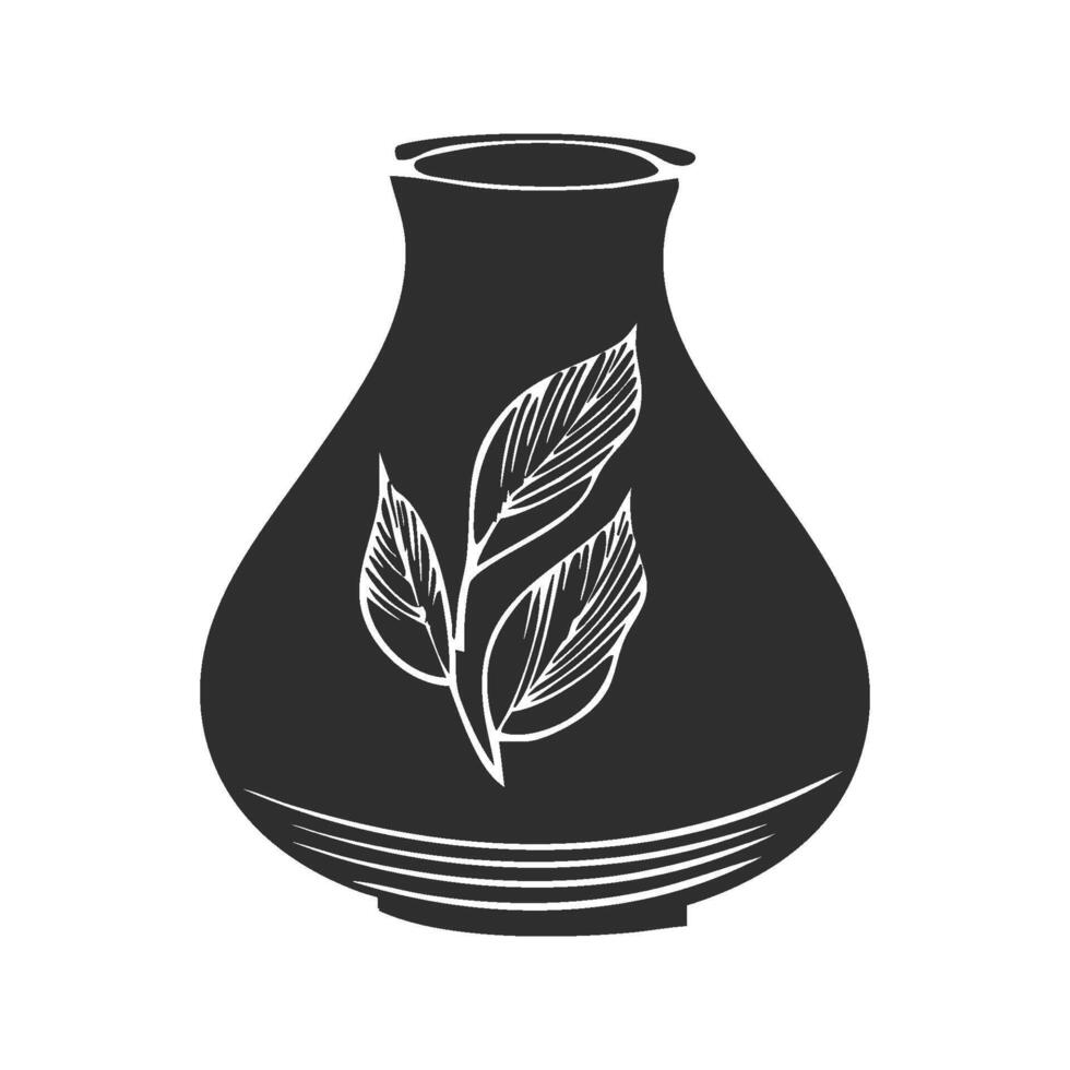 Decorative Vase With Leaf Design Silhouette Illustration. Elegant Home Decor And Nature-Inspired Art Isolated Illustration vector