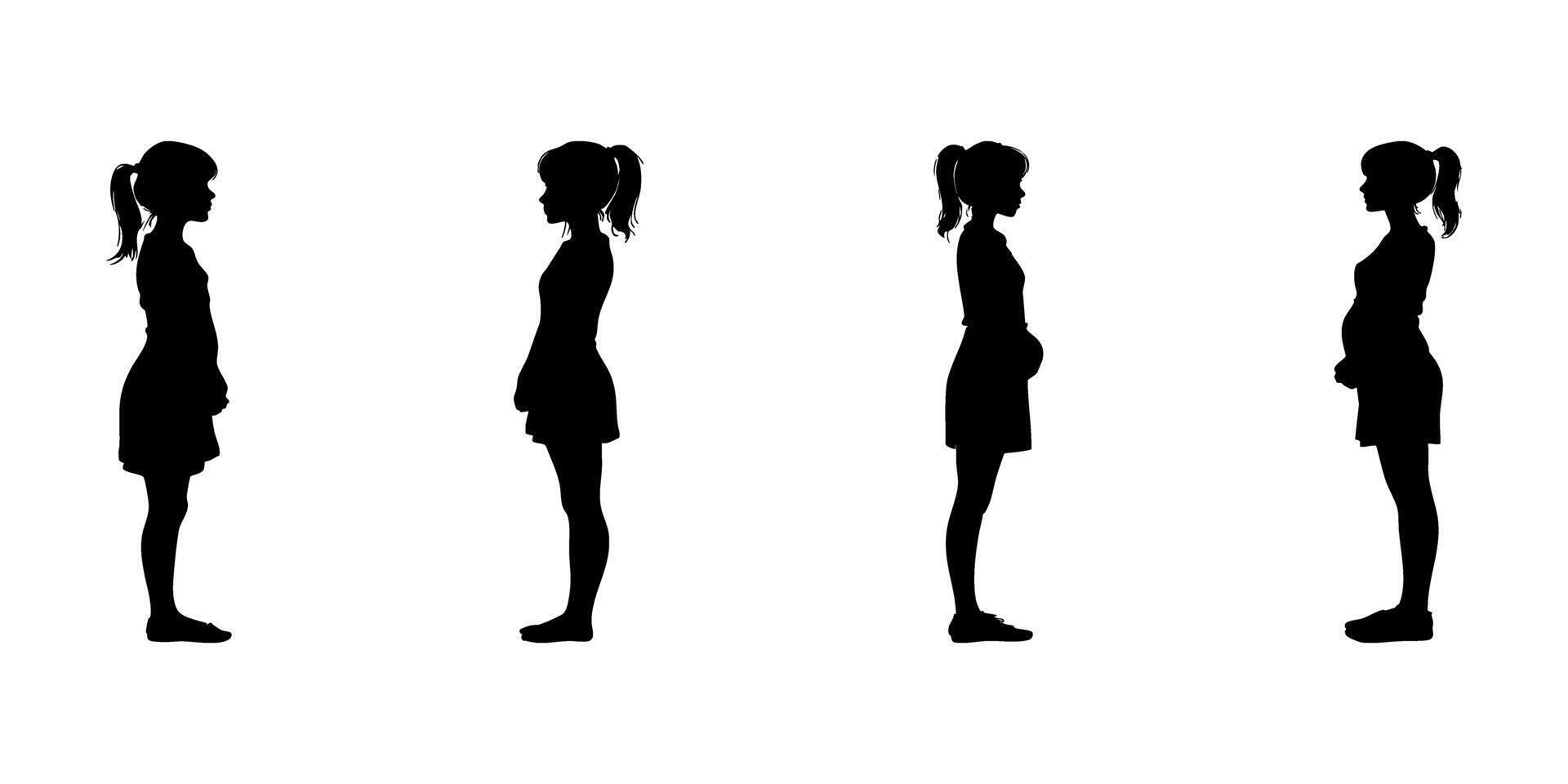 Side View Of Pregnant Women Silhouette Icon Set. Maternity And Pregnancy Stages Solid Symbol Collection. Healthcare And Parenting Visuals. Isolated Illustration vector