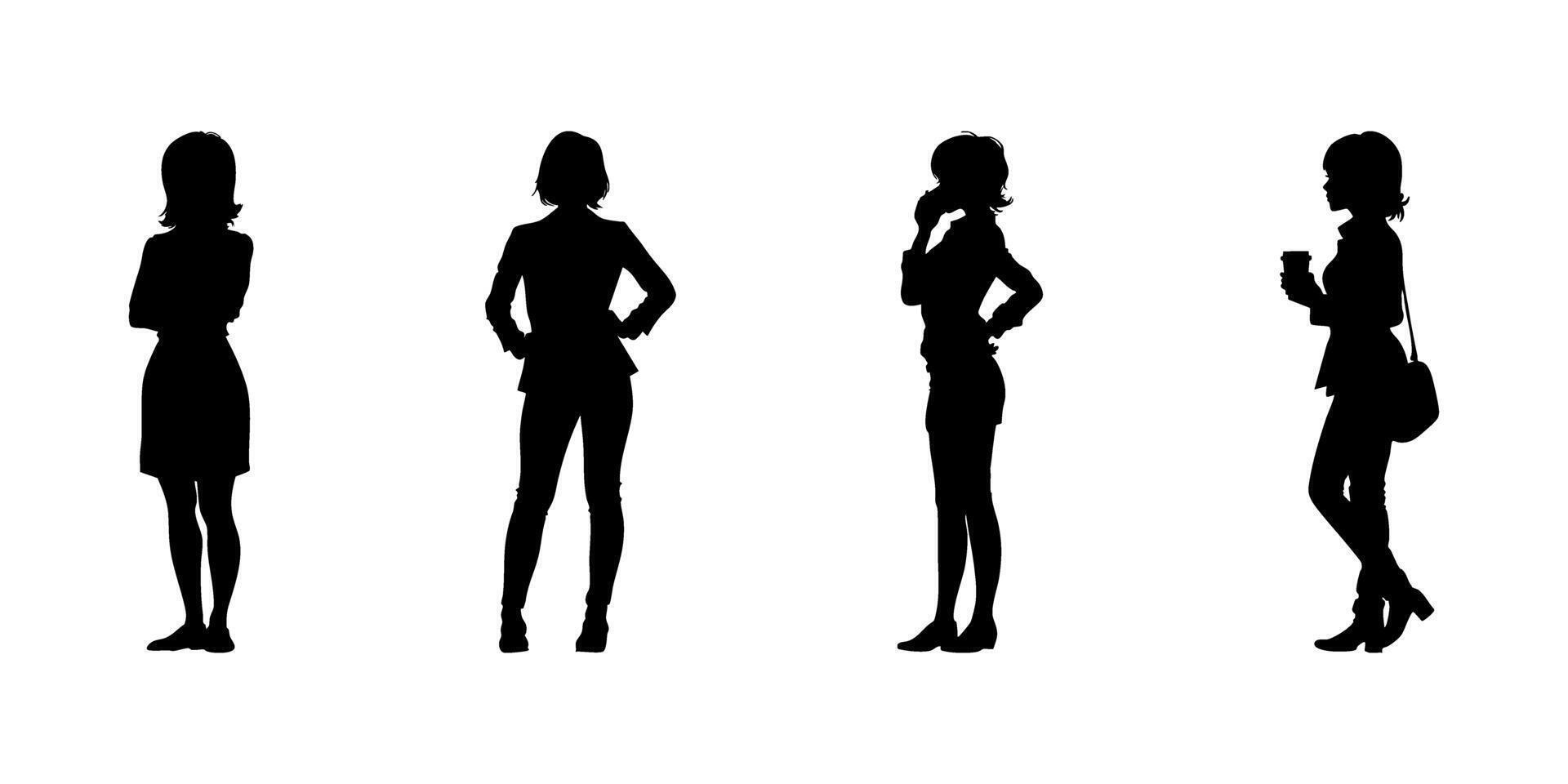 Silhouetted Business Women Poses Icon Set. Professional Posture And Office Attire Symbol Collection. Corporate And Workplace Visuals. Isolated Illustration vector