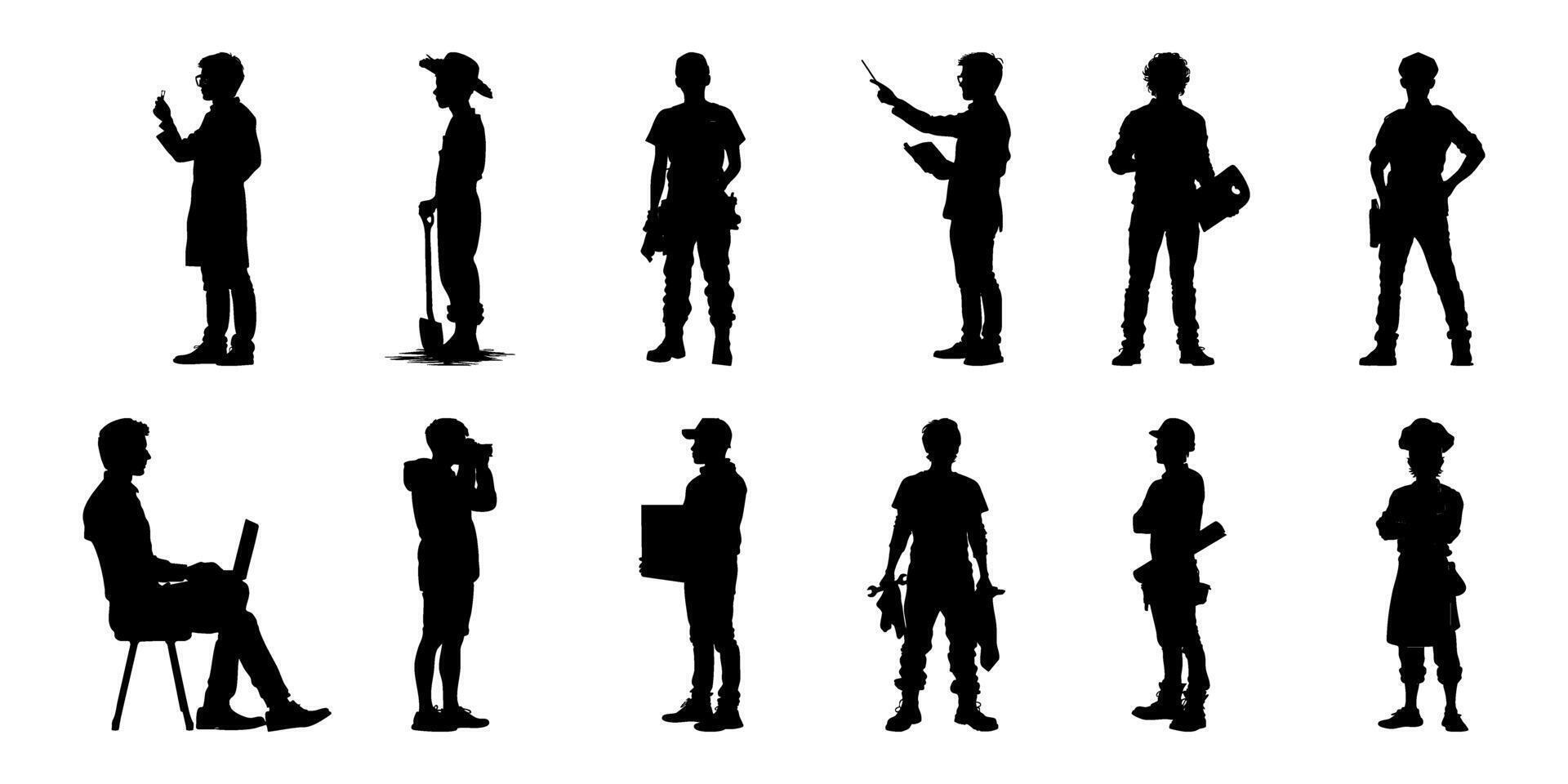 Silhouette Icons Of Diverse Occupations And Activities. Professional And Daily Life Solid Symbol Collection. Career And Lifestyle For Infographics And Ui Design. Isolated Illustration vector